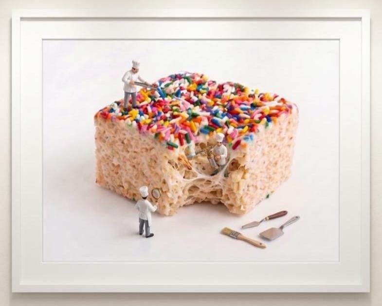 Miniature Chef Art Print - Rice Krispie Treat Pop Art - Funny Kitchen Wall Decor - Tiny People Macro Food Photography - Dessert Poster