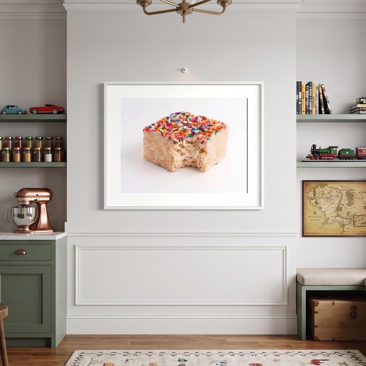 Miniature Chef Art Print - Rice Krispie Treat Pop Art - Funny Kitchen Wall Decor - Tiny People Macro Food Photography - Dessert Poster