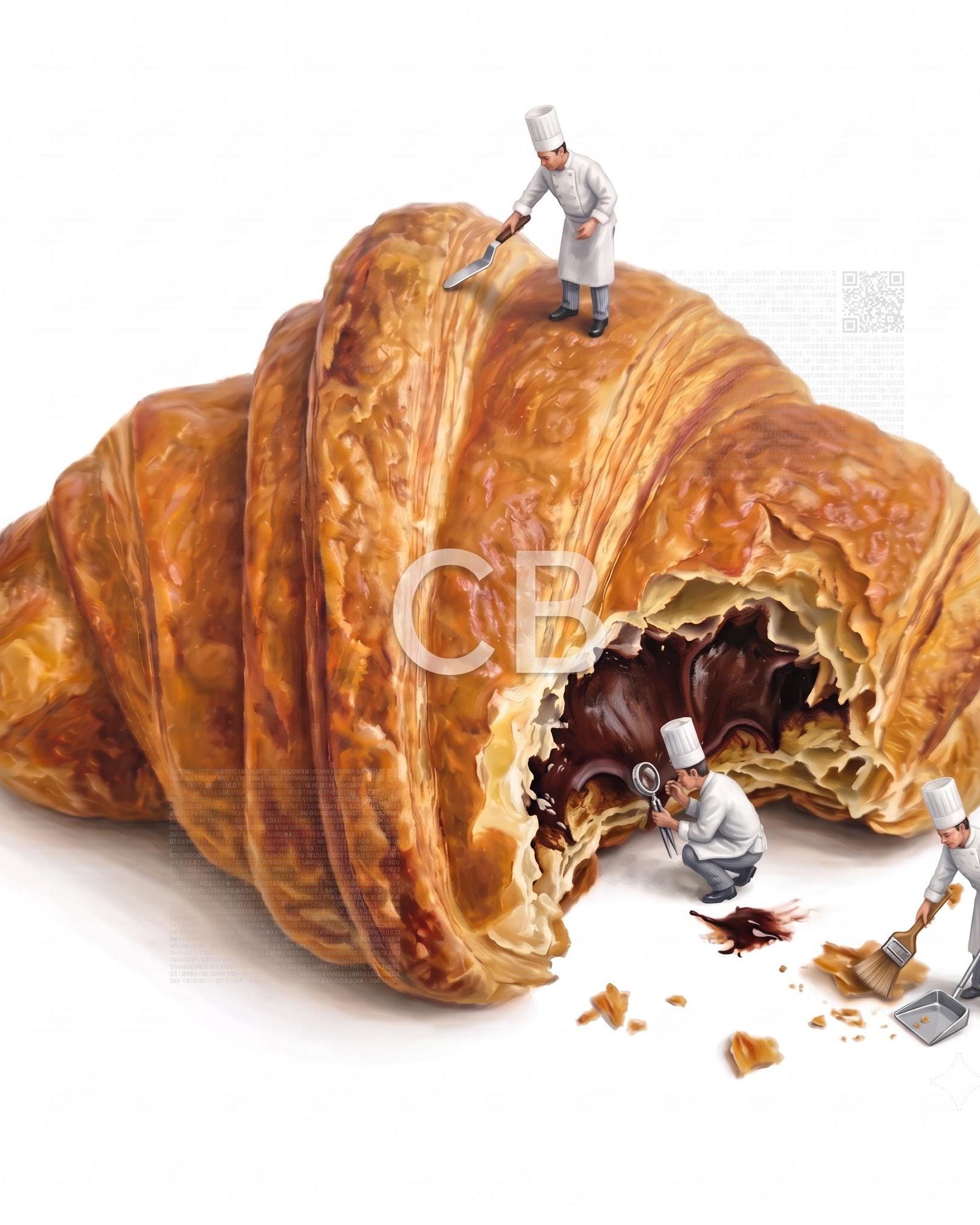 Whimsical Chocolate Croissant Art Print | Surreal Miniature Chef Wall Art | Funny Kitchen Decor | Dining Room French Pastry Illustration