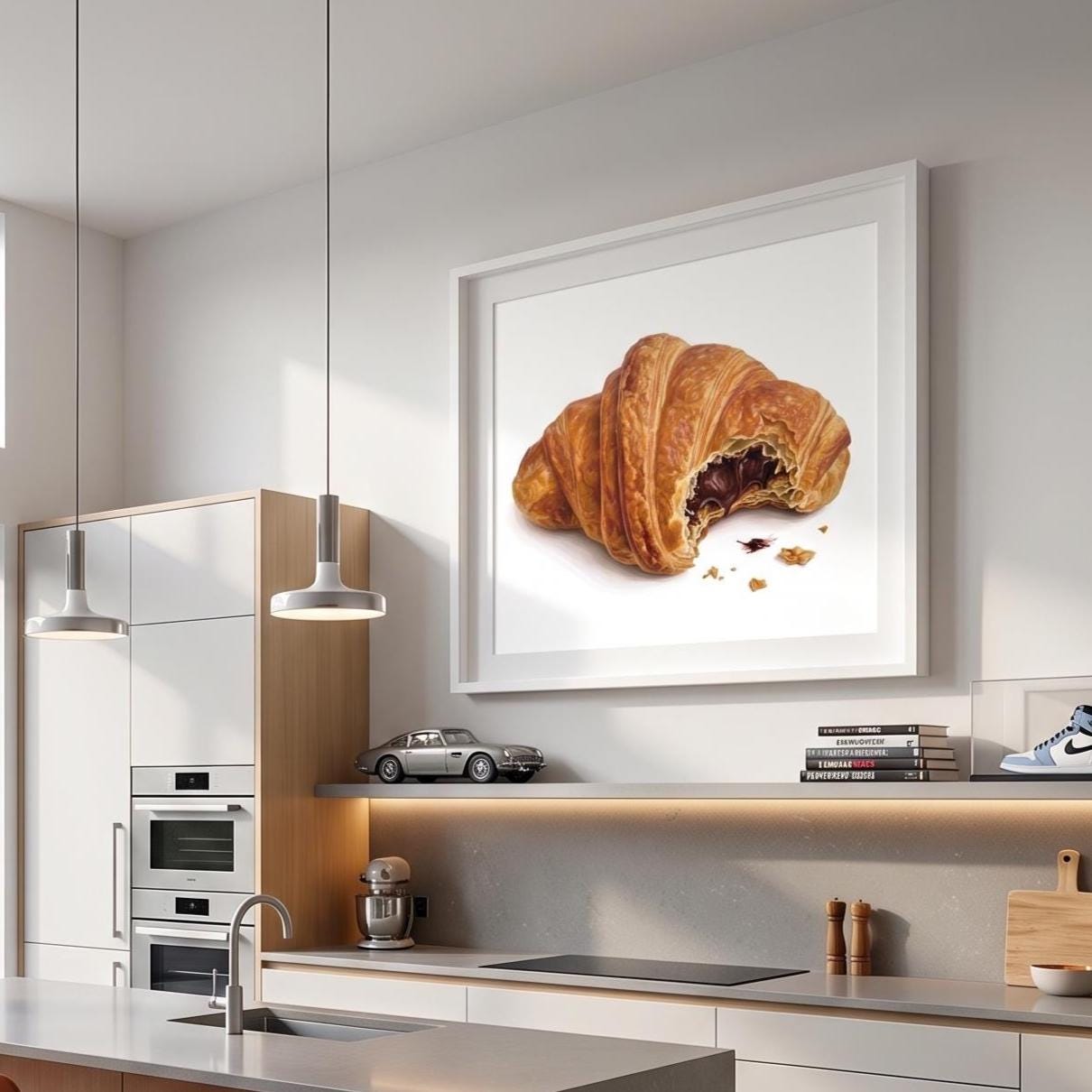 Whimsical Chocolate Croissant Art Print | Surreal Miniature Chef Wall Art | Funny Kitchen Decor | Dining Room French Pastry Illustration