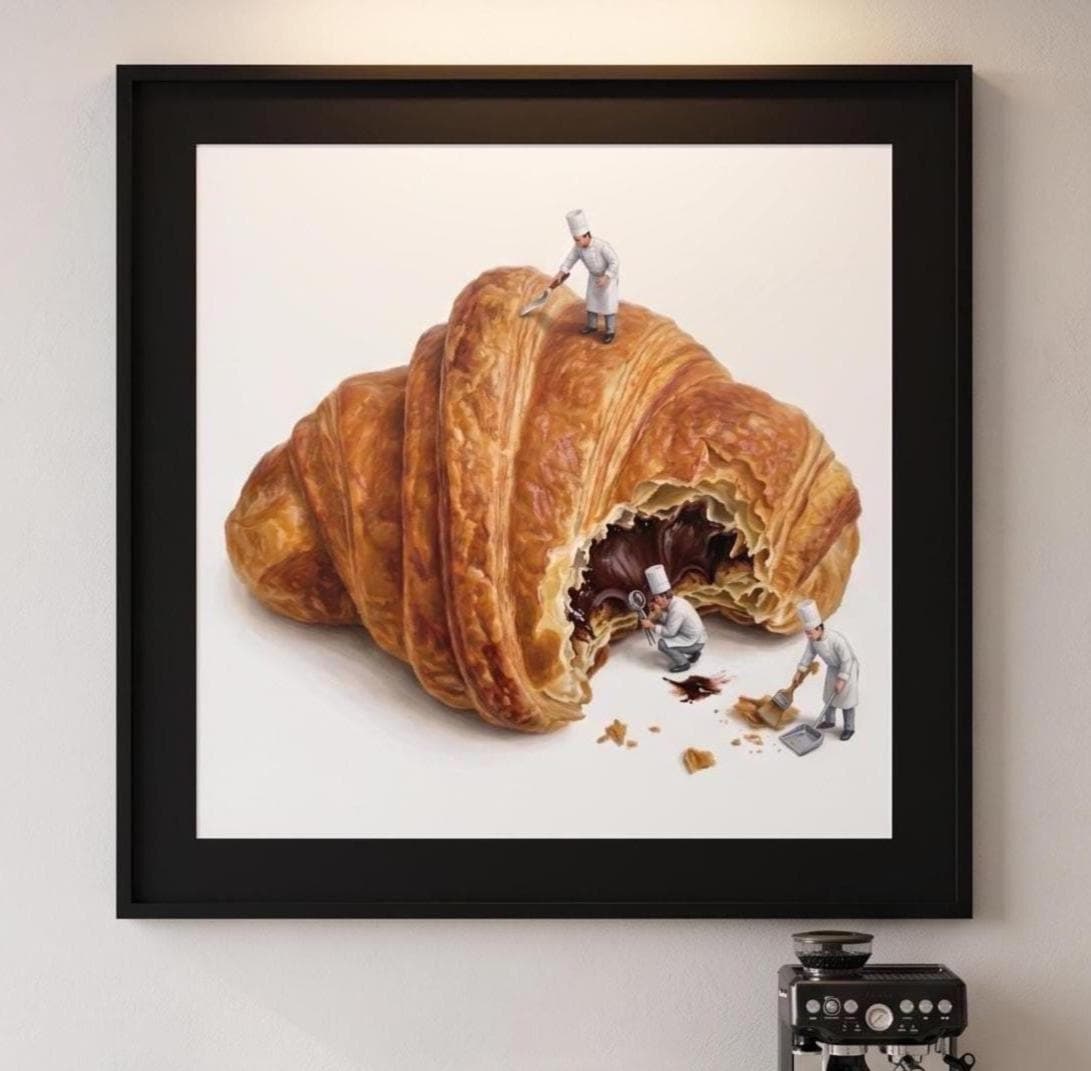 Whimsical Chocolate Croissant Art Print | Surreal Miniature Chef Wall Art | Funny Kitchen Decor | Dining Room French Pastry Illustration
