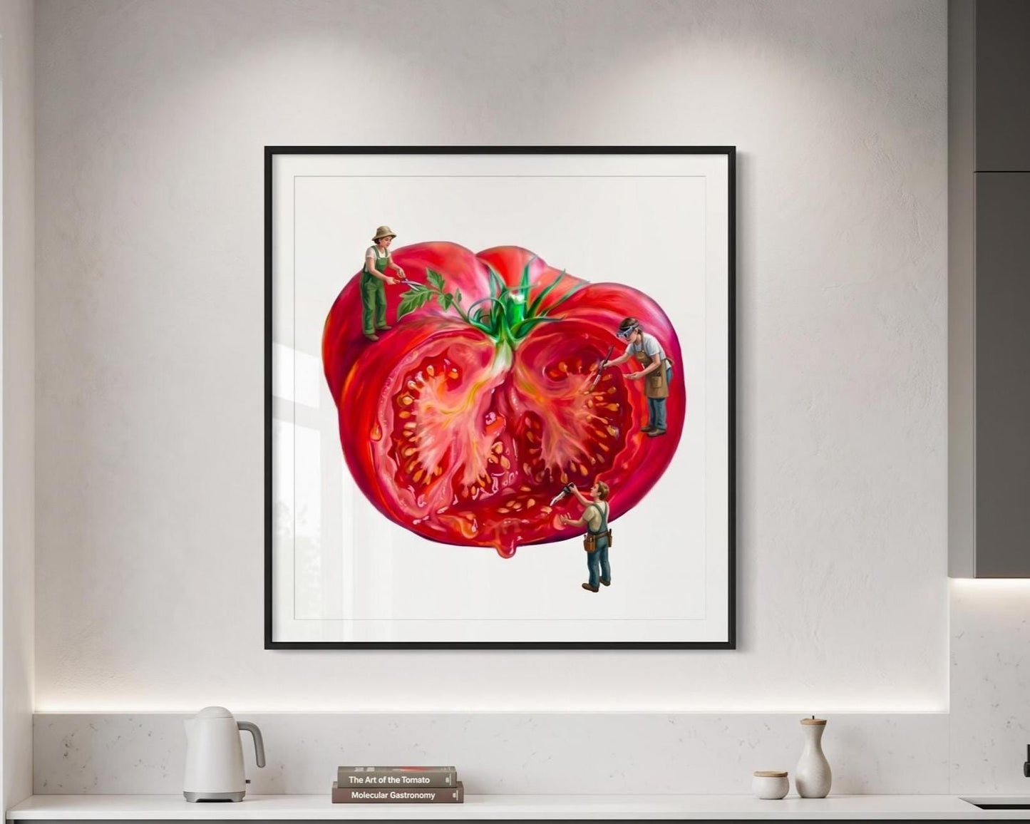 Whimsical Tomato Wall Art | Surreal Food Print with Miniature People | Quirky Kitchen & Restaurant Decor | Unique Foodie Gift