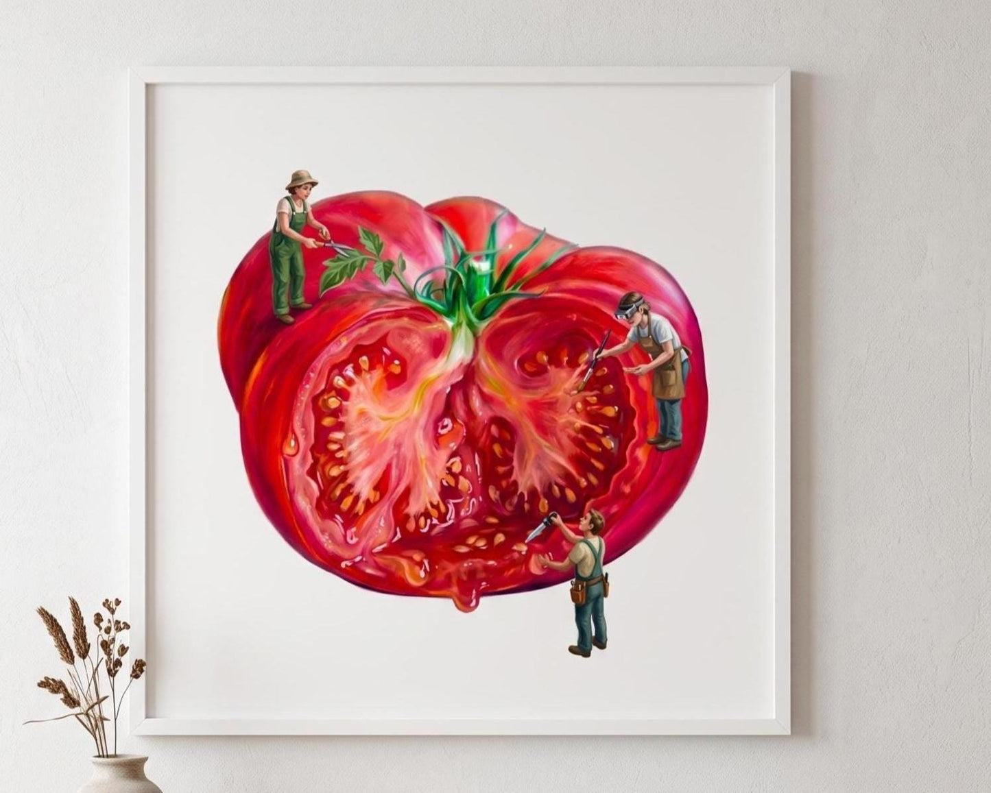 Whimsical Tomato Wall Art | Surreal Food Print with Miniature People | Quirky Kitchen & Restaurant Decor | Unique Foodie Gift