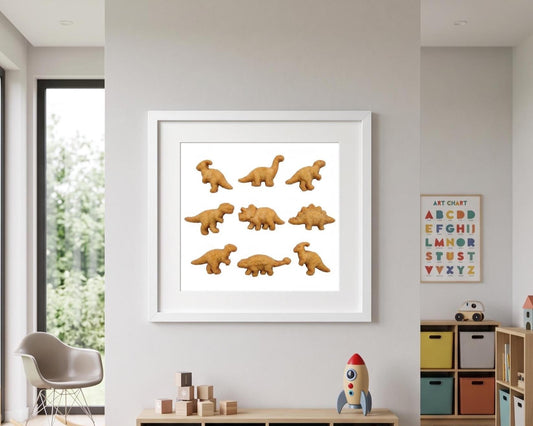 Dinosaur Chicken Nugget Fine Art Print | Contemporary Food Pop Art | Nostalgic Kitchen Decor | Playroom Wall Art | Funny Quirky Poster