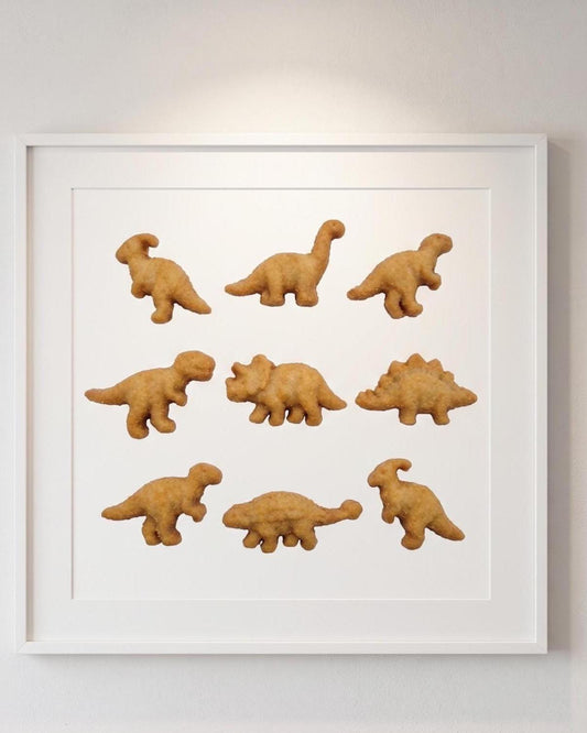 Dinosaur Chicken Nugget Fine Art Print | Contemporary Food Pop Art | Nostalgic Kitchen Decor | Playroom Wall Art | Funny Quirky Poster