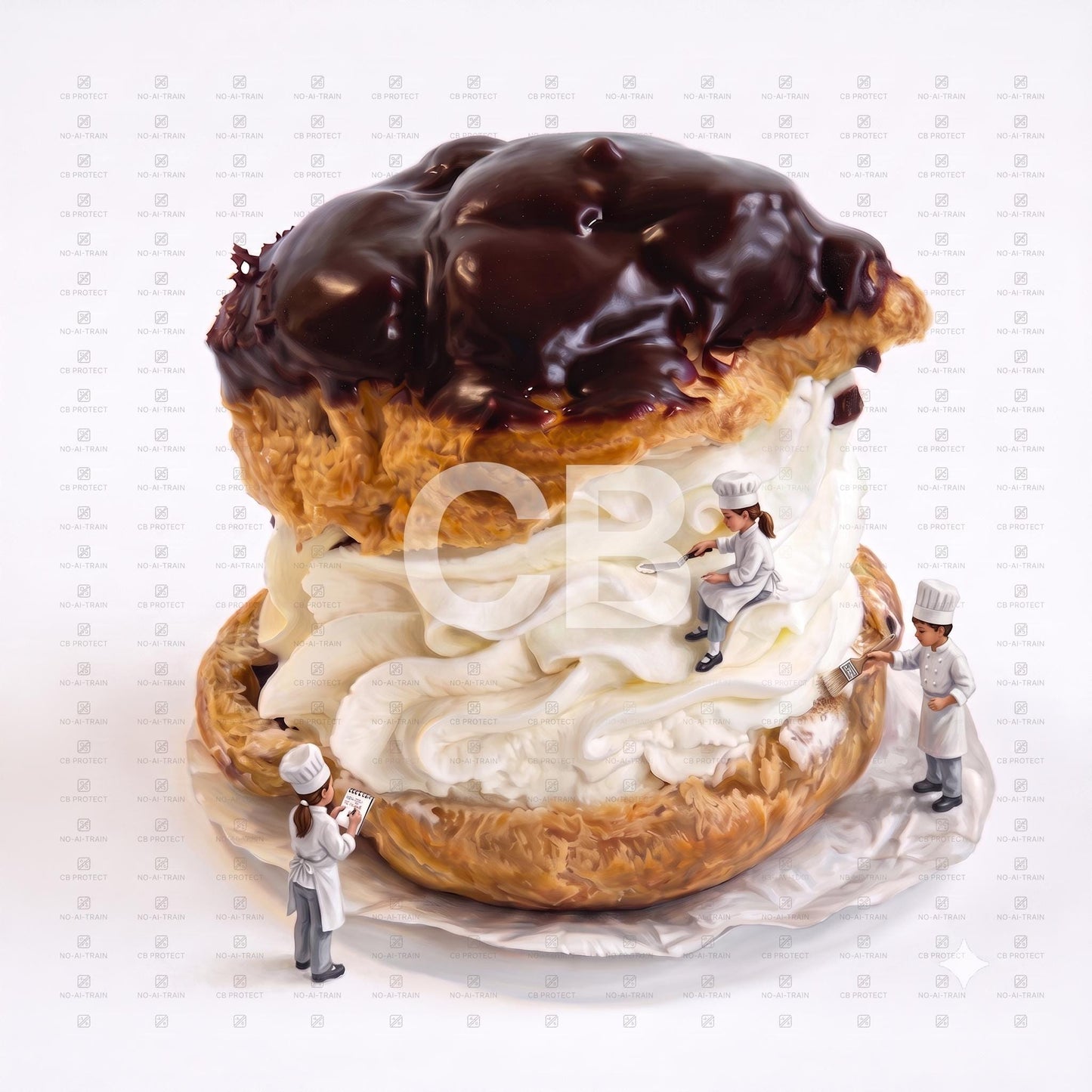 Tiny Chef Cream Puff Art Print | Surreal Miniature Food Wall Decor (Print Only)
