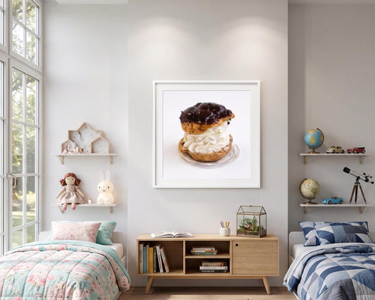 Whimsical Tiny Chef Giant Cream Puff Art Print | Surreal Miniature Food Wall Decor | Funny Bakery & Kitchen Poster | Sweet Dessert Art