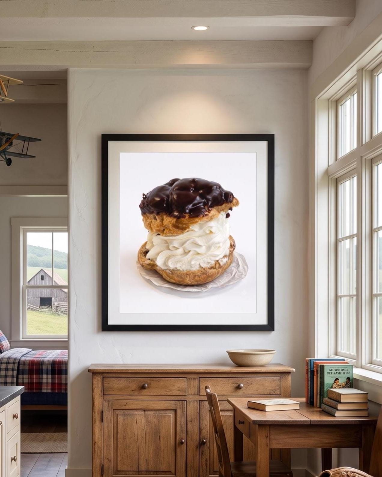 Whimsical Tiny Chef Giant Cream Puff Art Print | Surreal Miniature Food Wall Decor | Funny Bakery & Kitchen Poster | Sweet Dessert Art