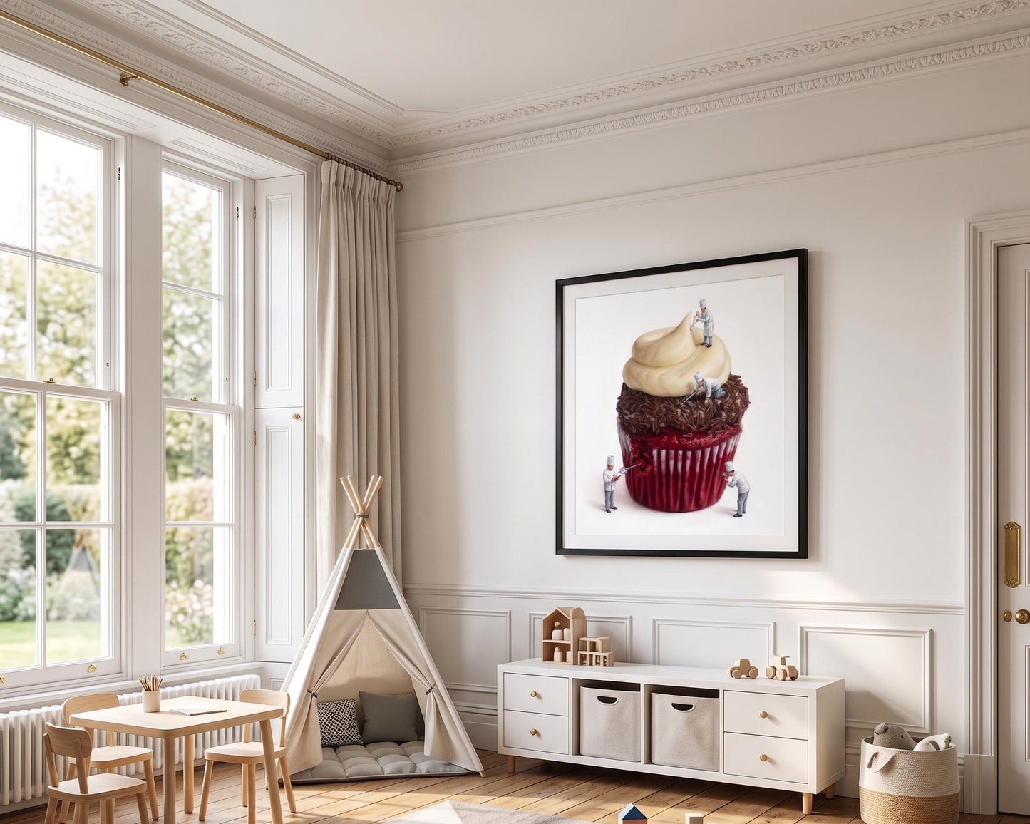 Red Velvet Cupcake Fine Art Print | Tiny Chef Pop Art | Kitchen & Bakery Wall Decor | Realistic Food Illustration