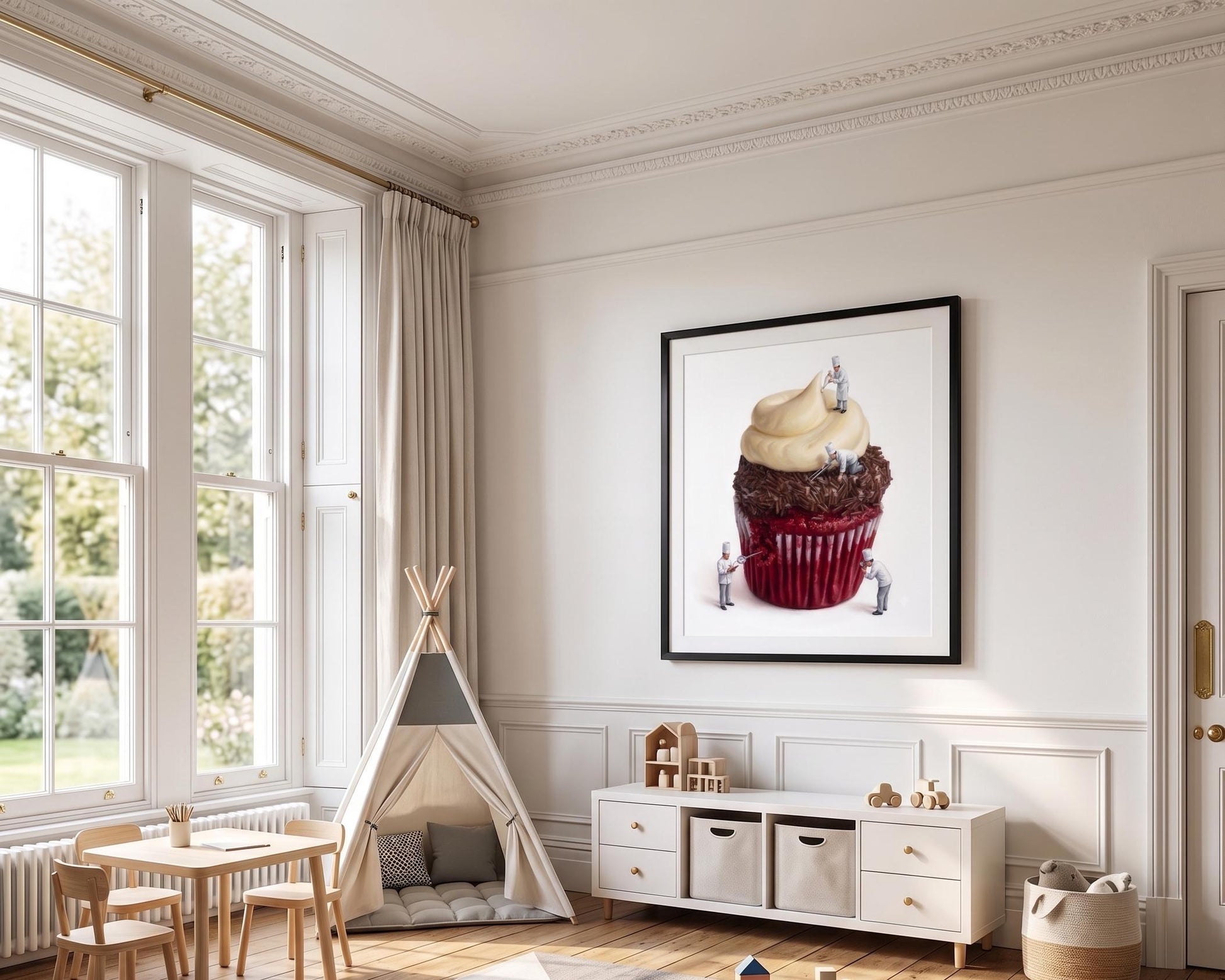 Red Velvet Cupcake Fine Art Print | Tiny Chef Pop Art | Kitchen & Bakery Wall Decor | Realistic Food Illustration
