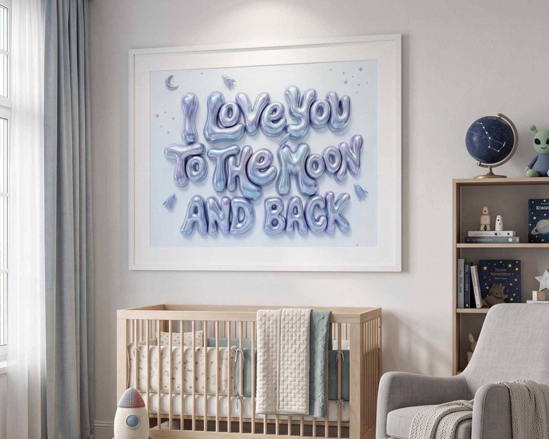 I Love You To The Moon And Back Nursery Wall Art | Pink 3D Balloon Letter Print | Baby Girl Room Decor | Pink Space Theme Sweet Quote Art