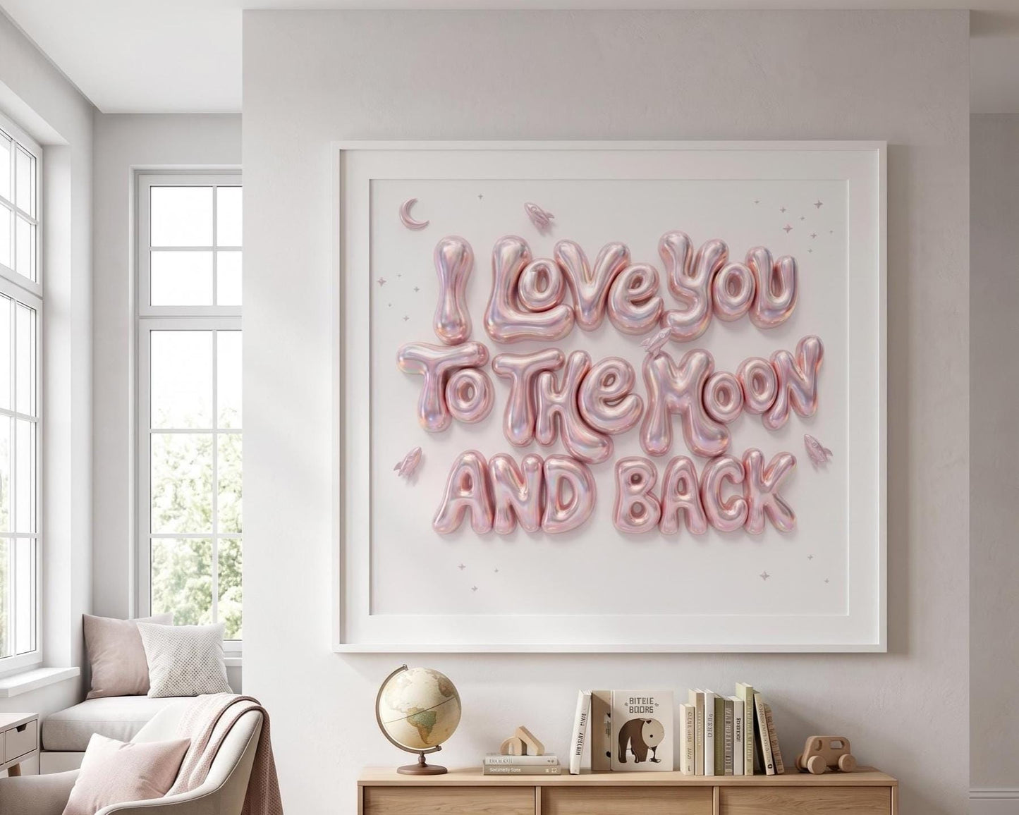 I Love You To The Moon And Back Nursery Wall Art | Pink 3D Balloon Letter Print | Baby Girl Room Decor | Pink Space Theme Sweet Quote Art