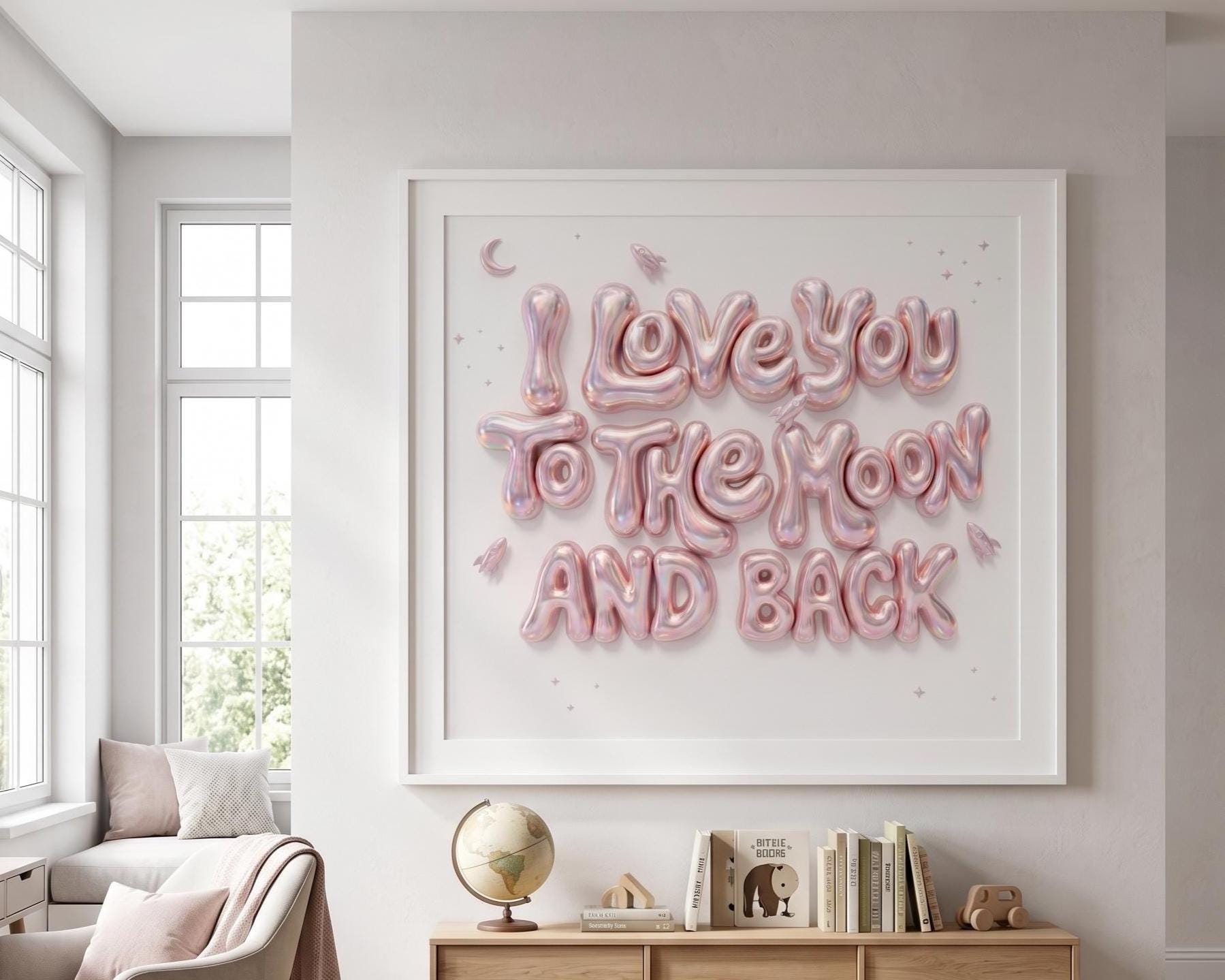 I Love You To The Moon And Back Nursery Wall Art | Pink 3D Balloon Letter Print | Baby Girl Room Decor | Pink Space Theme Sweet Quote Art