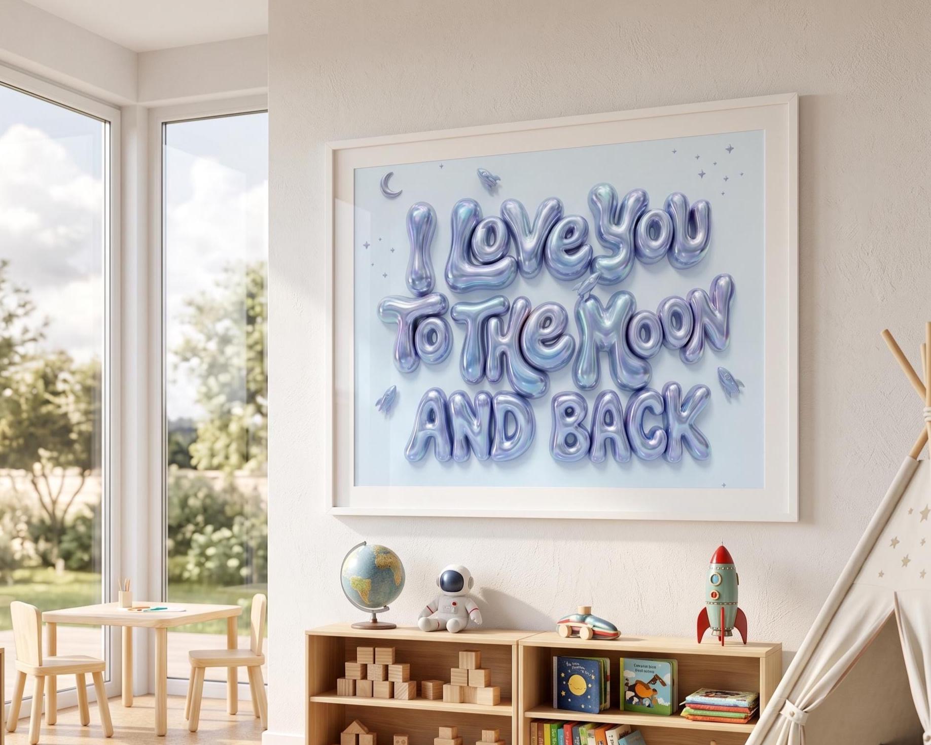 I Love You To The Moon And Back Nursery Wall Art | Pink 3D Balloon Letter Print | Baby Girl Room Decor | Pink Space Theme Sweet Quote Art