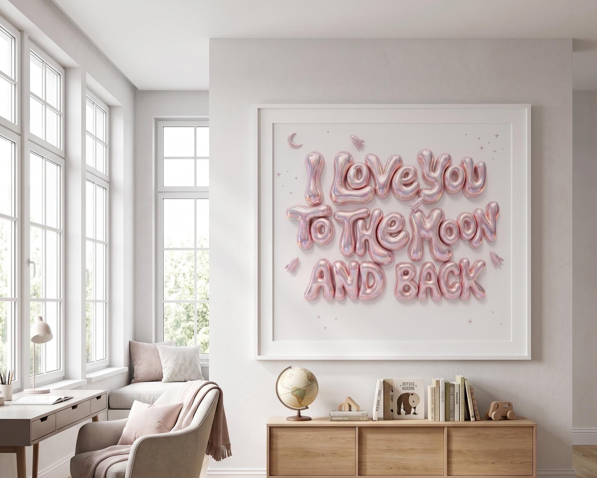 I Love You To The Moon And Back Nursery Wall Art | Pink 3D Balloon Letter Print | Baby Girl Room Decor | Pink Space Theme Sweet Quote Art