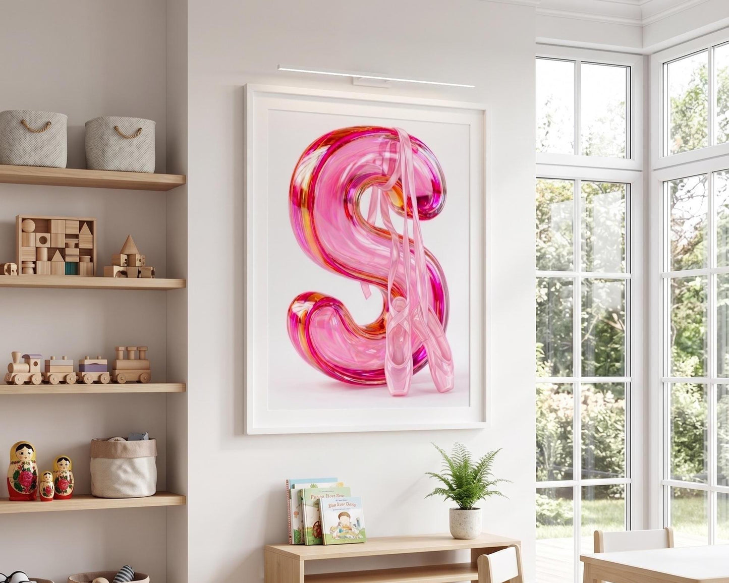 Pink Ballet Letter S Wall Art | Ballerina Nursery Decor | Girls Bedroom Monogram Print | Pointe Shoe Bathroom Poster | Baby Girl Initial