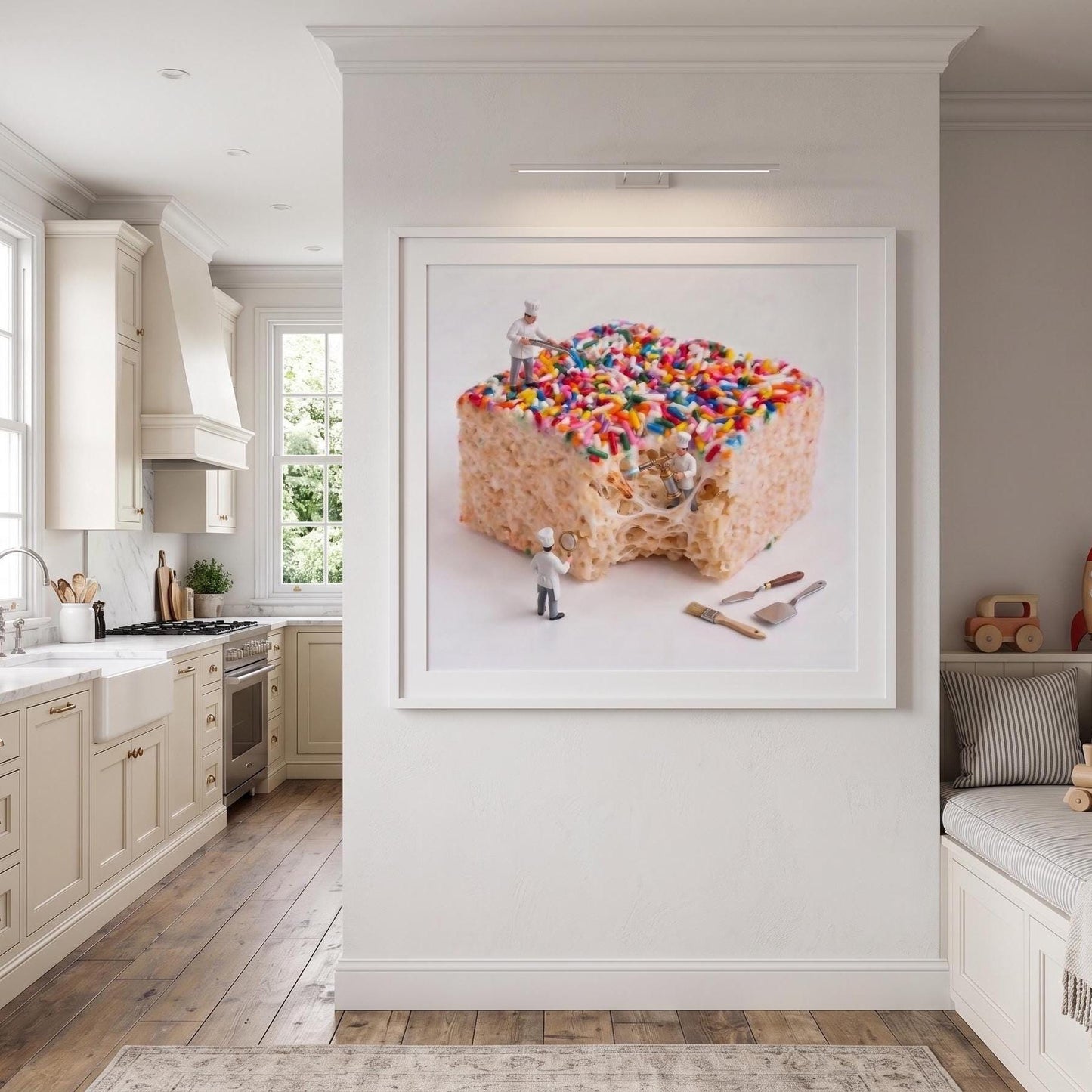 Miniature Chef Art Print - Rice Krispie Treat Pop Art - Funny Kitchen Wall Decor - Tiny People Macro Food Photography - Dessert Poster