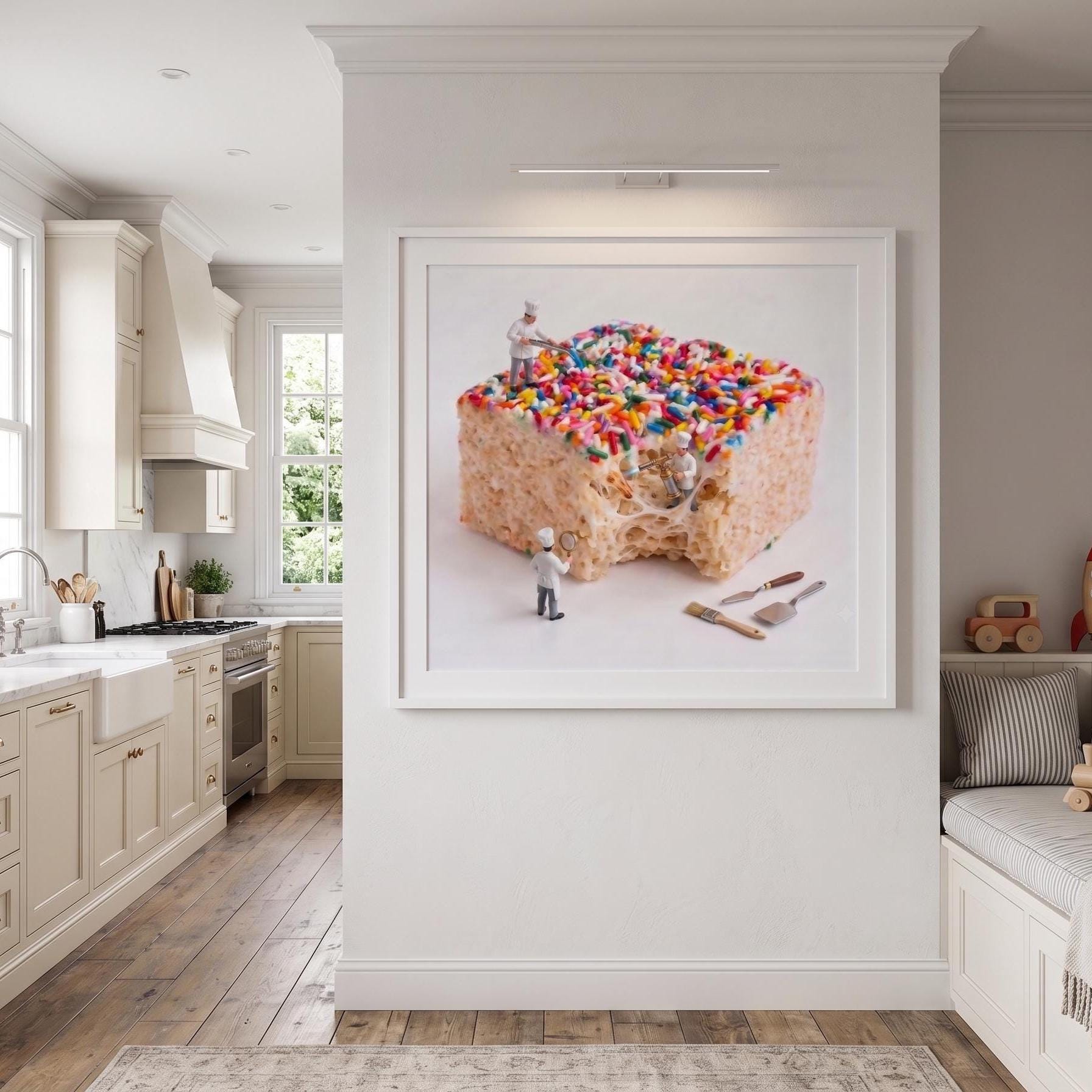 Miniature Chef Art Print - Rice Krispie Treat Pop Art - Funny Kitchen Wall Decor - Tiny People Macro Food Photography - Dessert Poster