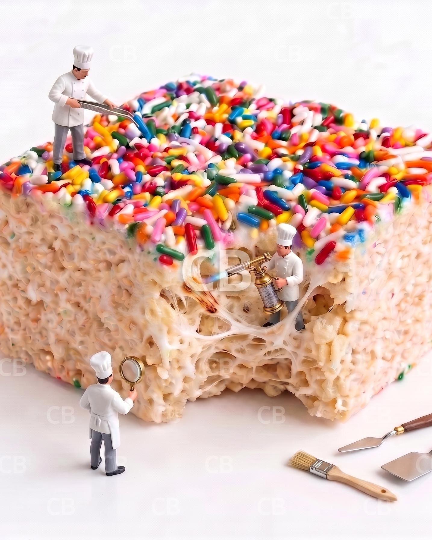 Miniature Chef Art Print - Rice Krispie Treat Pop Art - Funny Kitchen Wall Decor - Tiny People Macro Food Photography - Dessert Poster