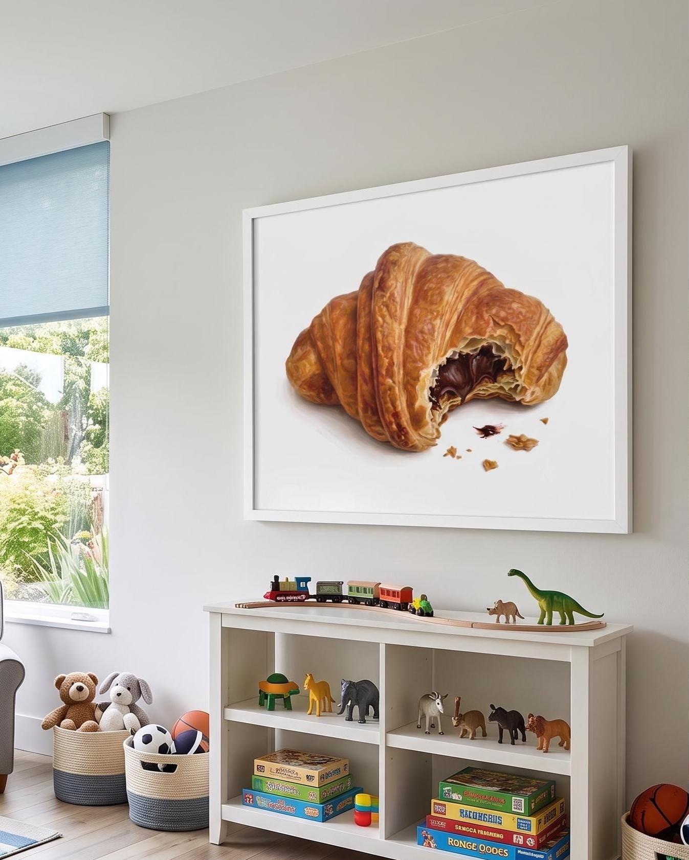 Whimsical Chocolate Croissant Art Print | Surreal Miniature Chef Wall Art | Funny Kitchen Decor | Dining Room French Pastry Illustration