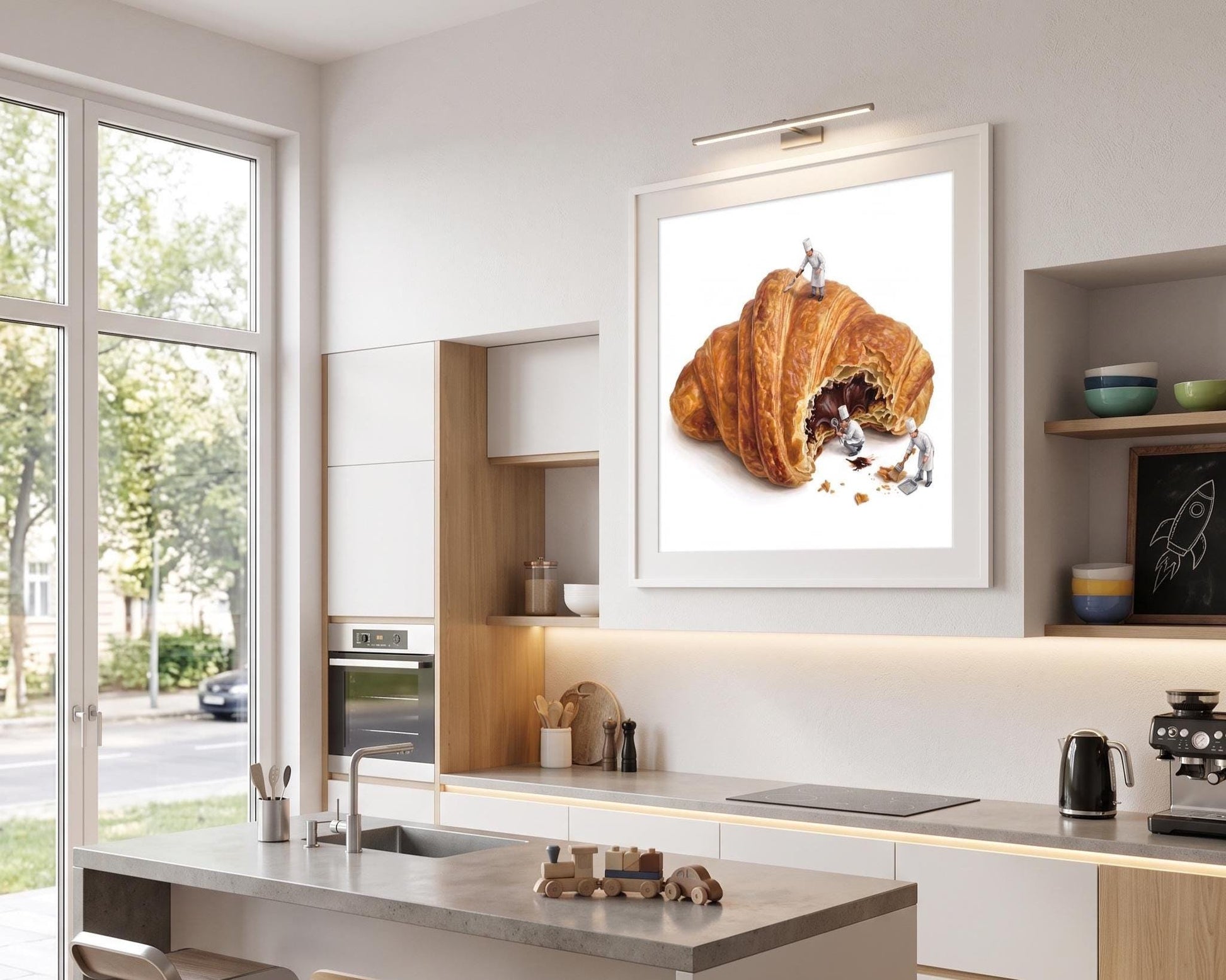 Whimsical Chocolate Croissant Art Print | Surreal Miniature Chef Wall Art | Funny Kitchen Decor | Dining Room French Pastry Illustration