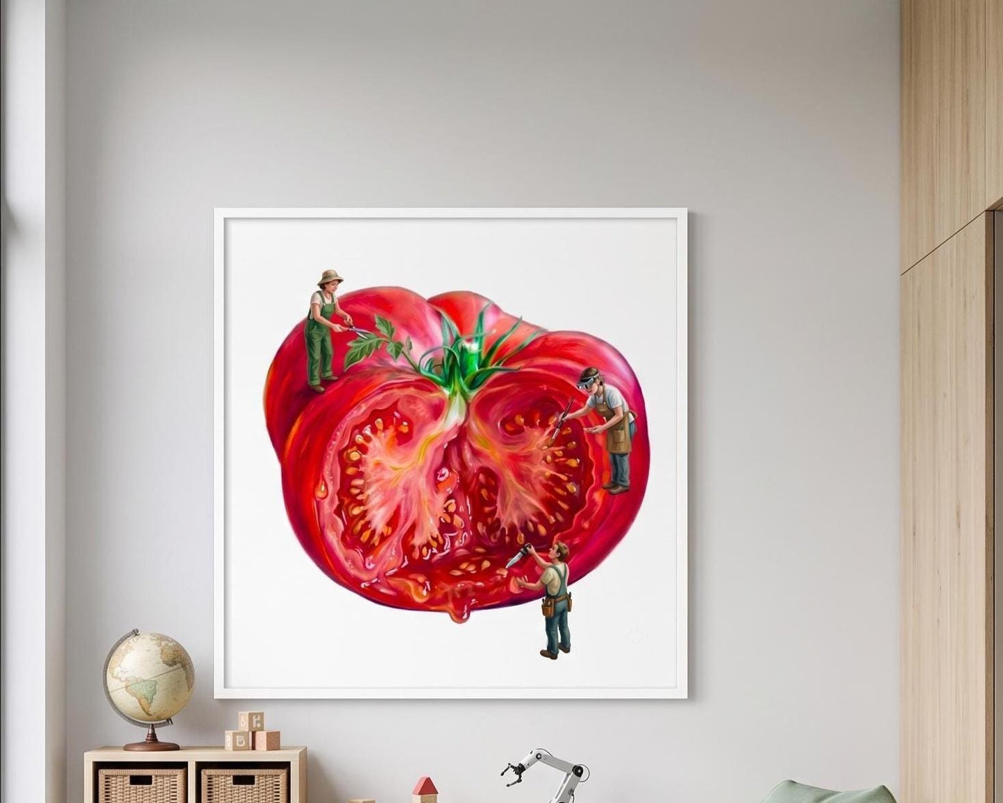 Whimsical Tomato Wall Art | Surreal Food Print with Miniature People | Quirky Kitchen & Restaurant Decor | Unique Foodie Gift