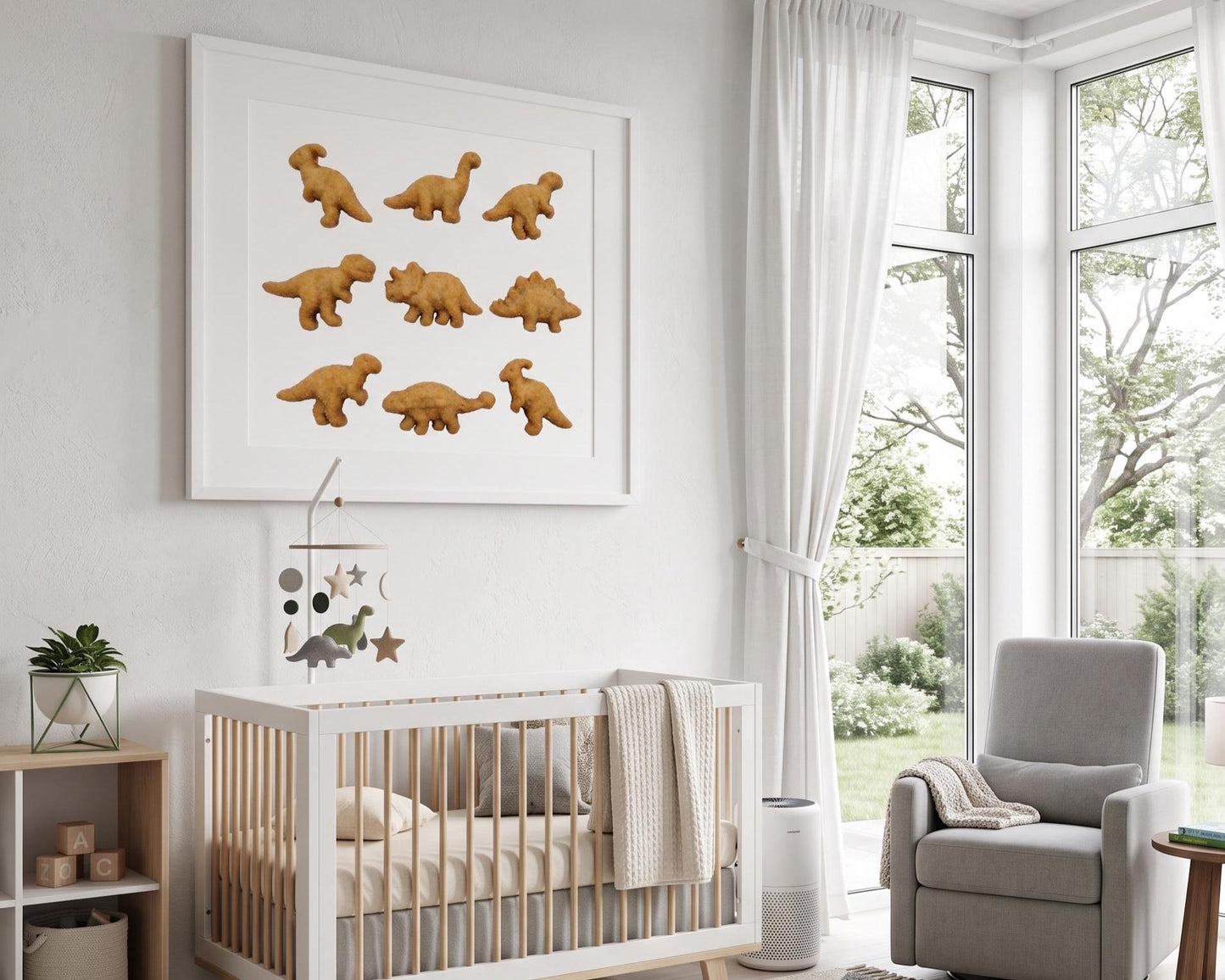 Dinosaur Chicken Nugget Fine Art Print | Contemporary Food Pop Art | Nostalgic Kitchen Decor | Playroom Wall Art | Funny Quirky Poster