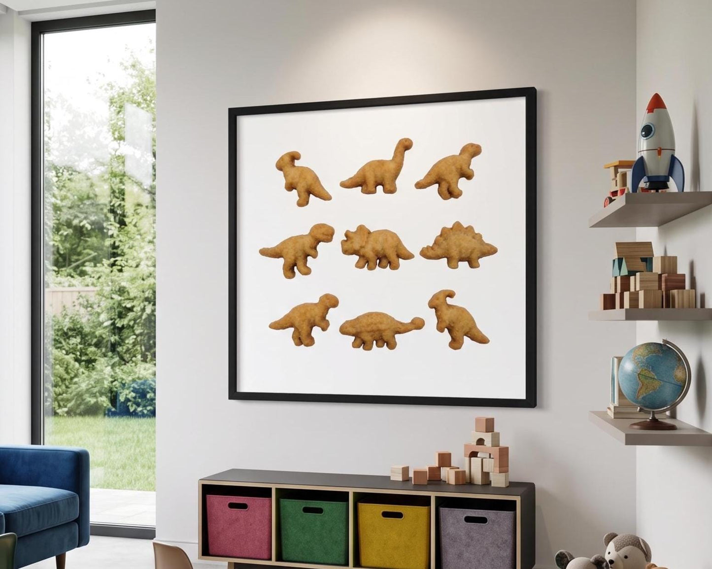 Dinosaur Chicken Nugget Fine Art Print | Contemporary Food Pop Art | Nostalgic Kitchen Decor | Playroom Wall Art | Funny Quirky Poster