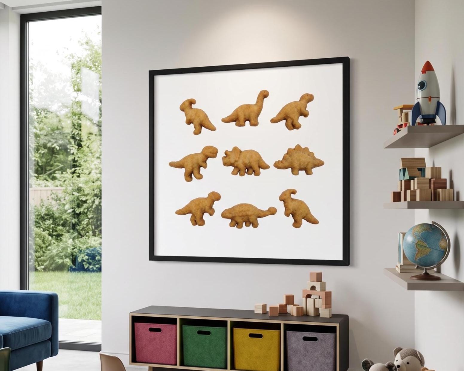 Dinosaur Chicken Nugget Fine Art Print | Contemporary Food Pop Art | Nostalgic Kitchen Decor | Playroom Wall Art | Funny Quirky Poster