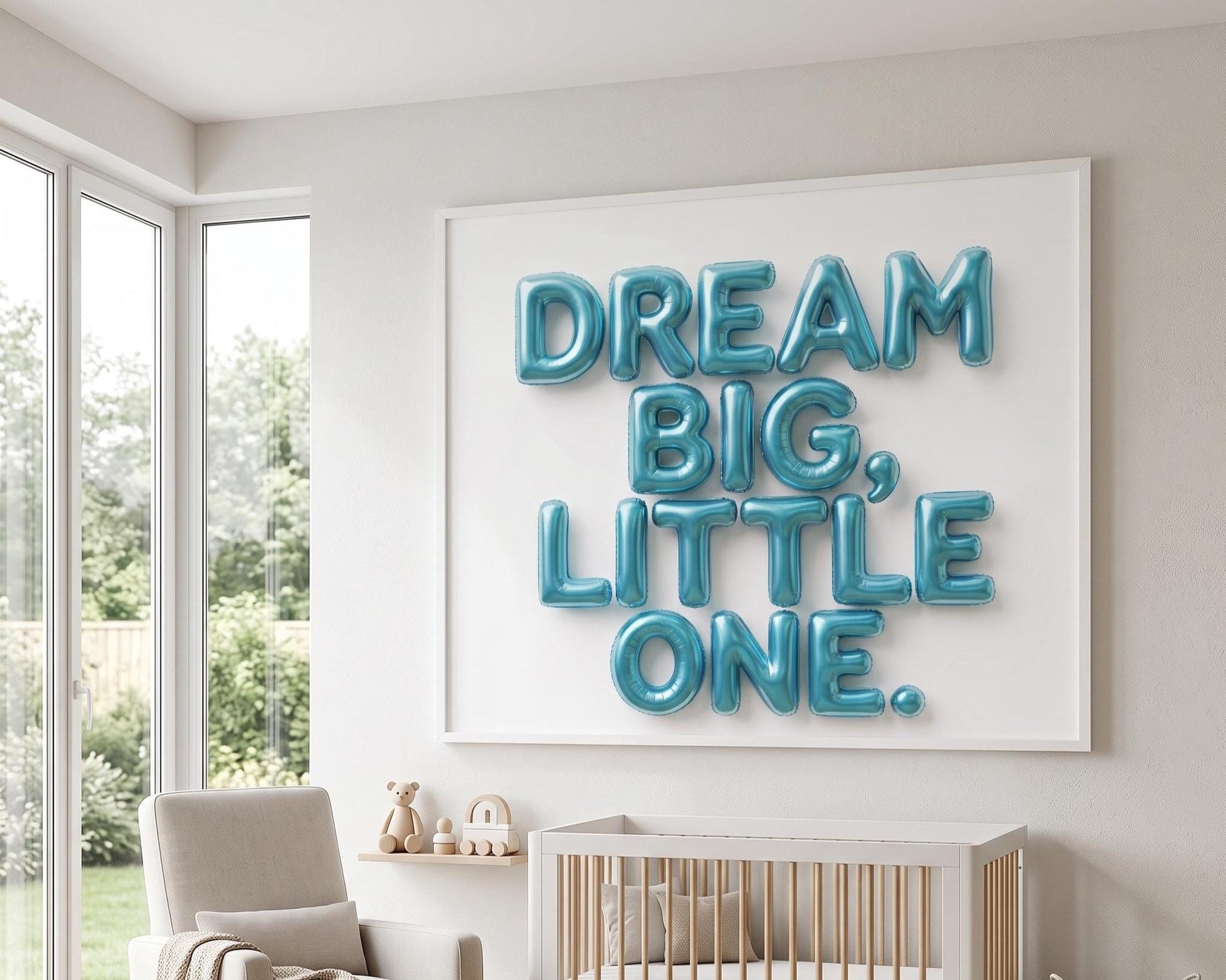 Nursery Wall Art | Dream Big Little One Print | 3D Blue Balloon Art | Baby Boy or Girl Room Decor |Bright Pop Art Poster Unframed