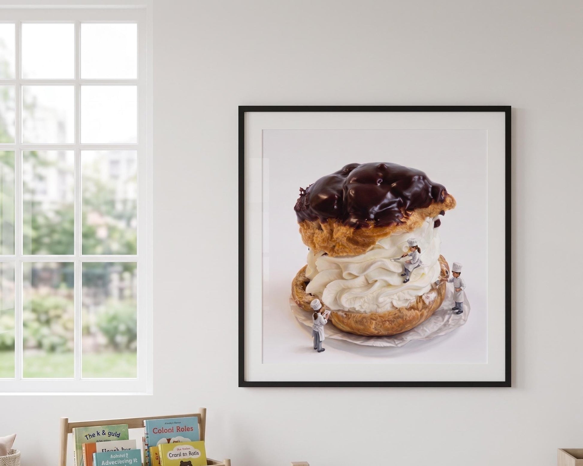 Whimsical Tiny Chef Giant Cream Puff Art Print | Surreal Miniature Food Wall Decor | Funny Bakery & Kitchen Poster | Sweet Dessert Art