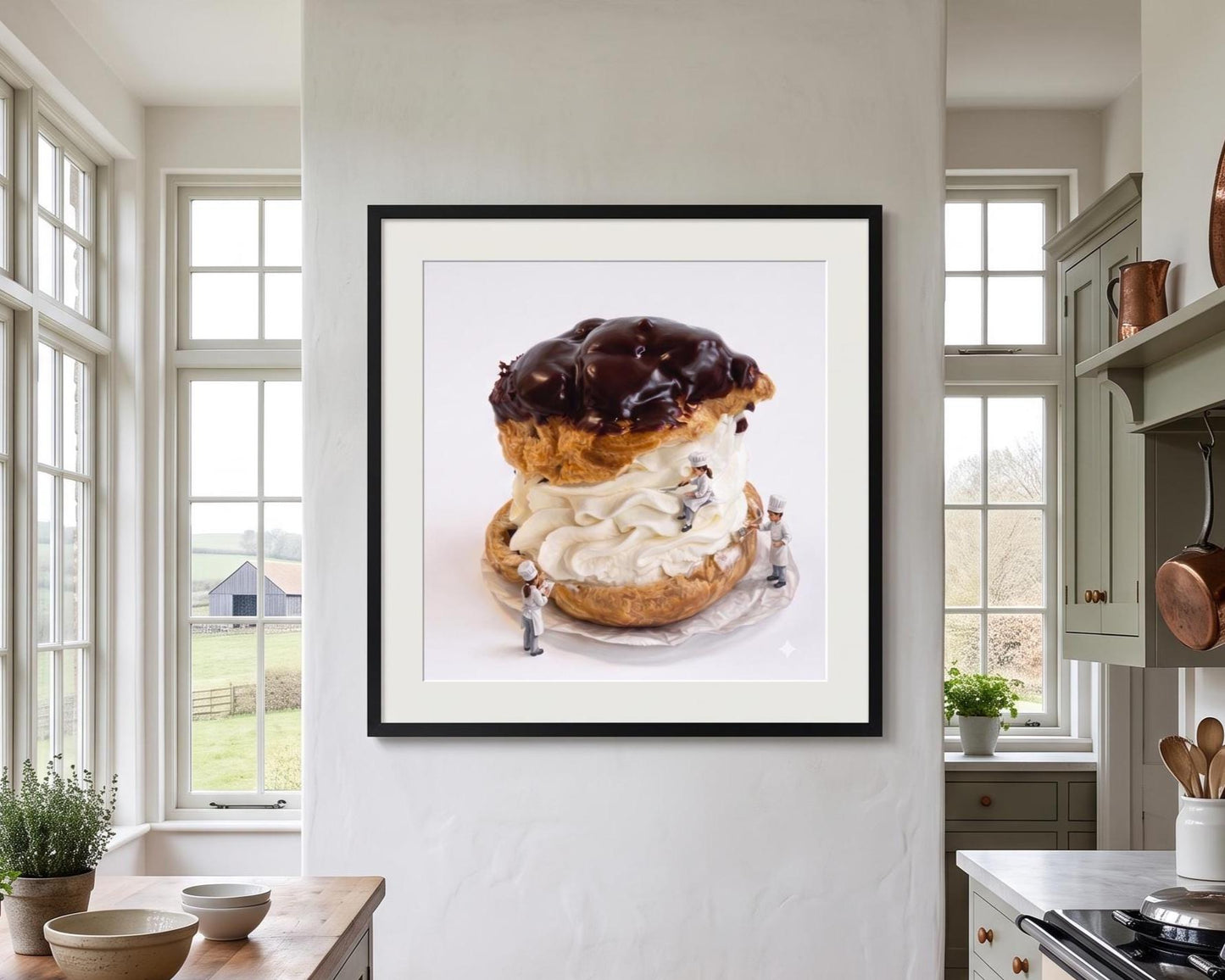 Whimsical Tiny Chef Giant Cream Puff Art Print | Surreal Miniature Food Wall Decor | Funny Bakery & Kitchen Poster | Sweet Dessert Art