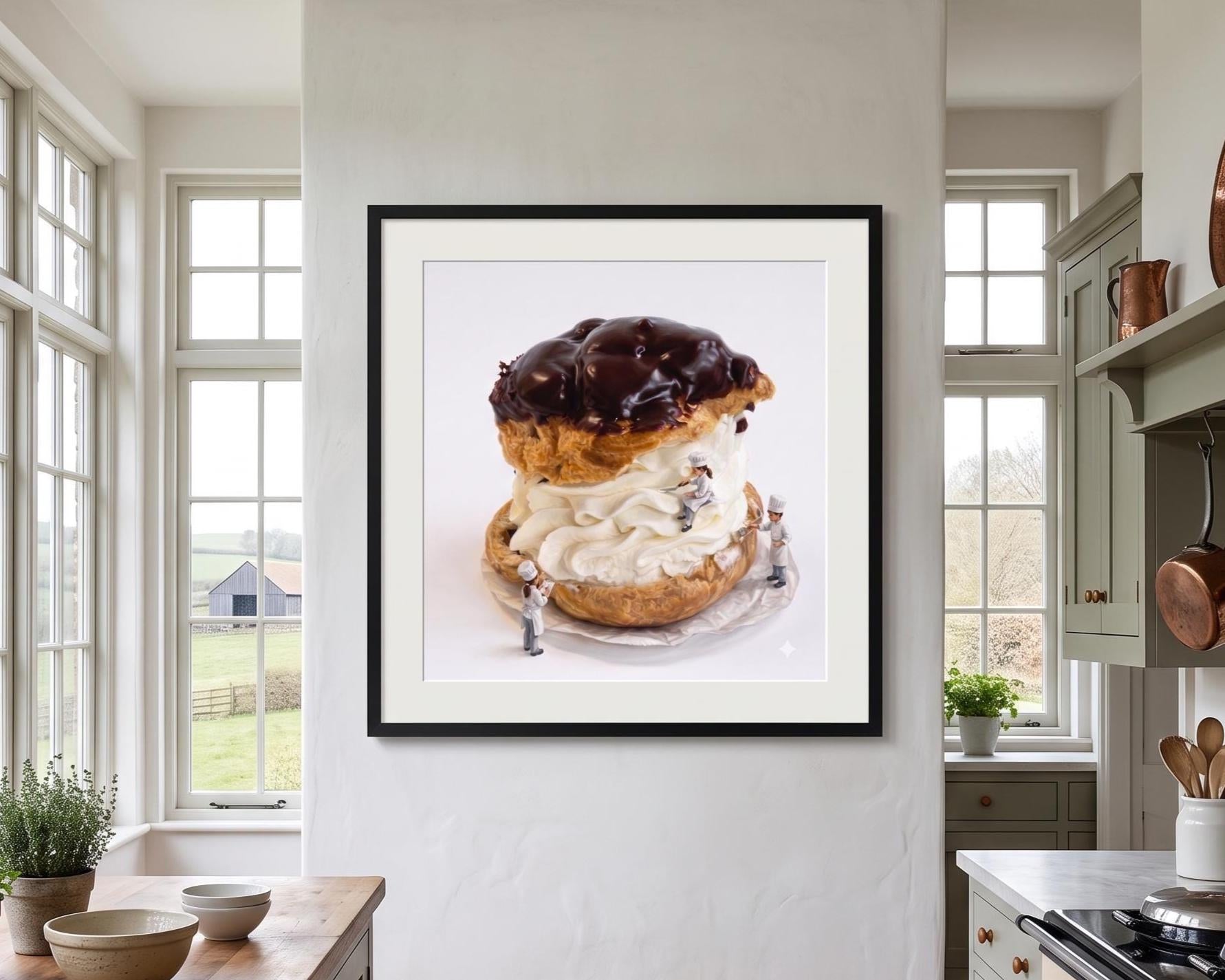 Whimsical Tiny Chef Giant Cream Puff Art Print | Surreal Miniature Food Wall Decor | Funny Bakery & Kitchen Poster | Sweet Dessert Art