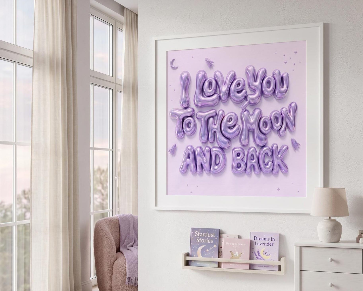 I Love You To The Moon And Back Nursery Wall Art | Pink 3D Balloon Letter Print | Baby Girl Room Decor | Pink Space Theme Sweet Quote Art