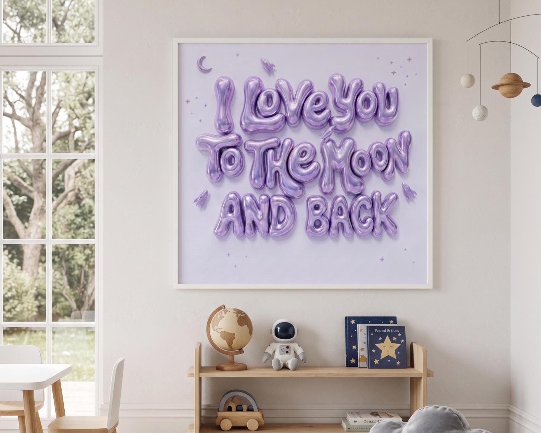 I Love You To The Moon And Back Nursery Wall Art | Pink 3D Balloon Letter Print | Baby Girl Room Decor | Pink Space Theme Sweet Quote Art