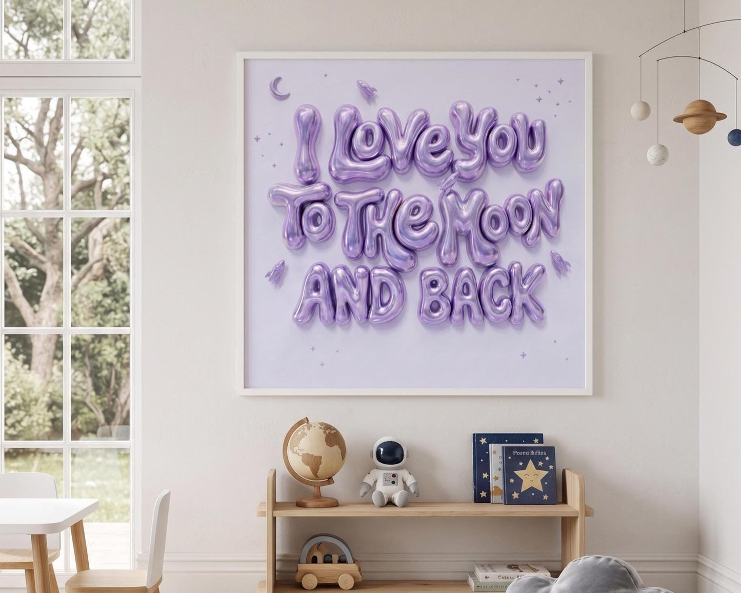 I Love You To The Moon And Back Nursery Wall Art | Pink 3D Balloon Letter Print | Baby Girl Room Decor | Pink Space Theme Sweet Quote Art