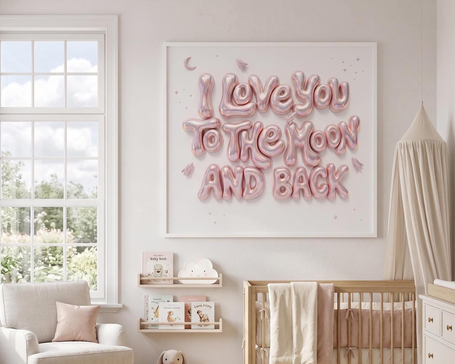 I Love You To The Moon And Back Nursery Wall Art | Pink 3D Balloon Letter Print | Baby Girl Room Decor | Pink Space Theme Sweet Quote Art