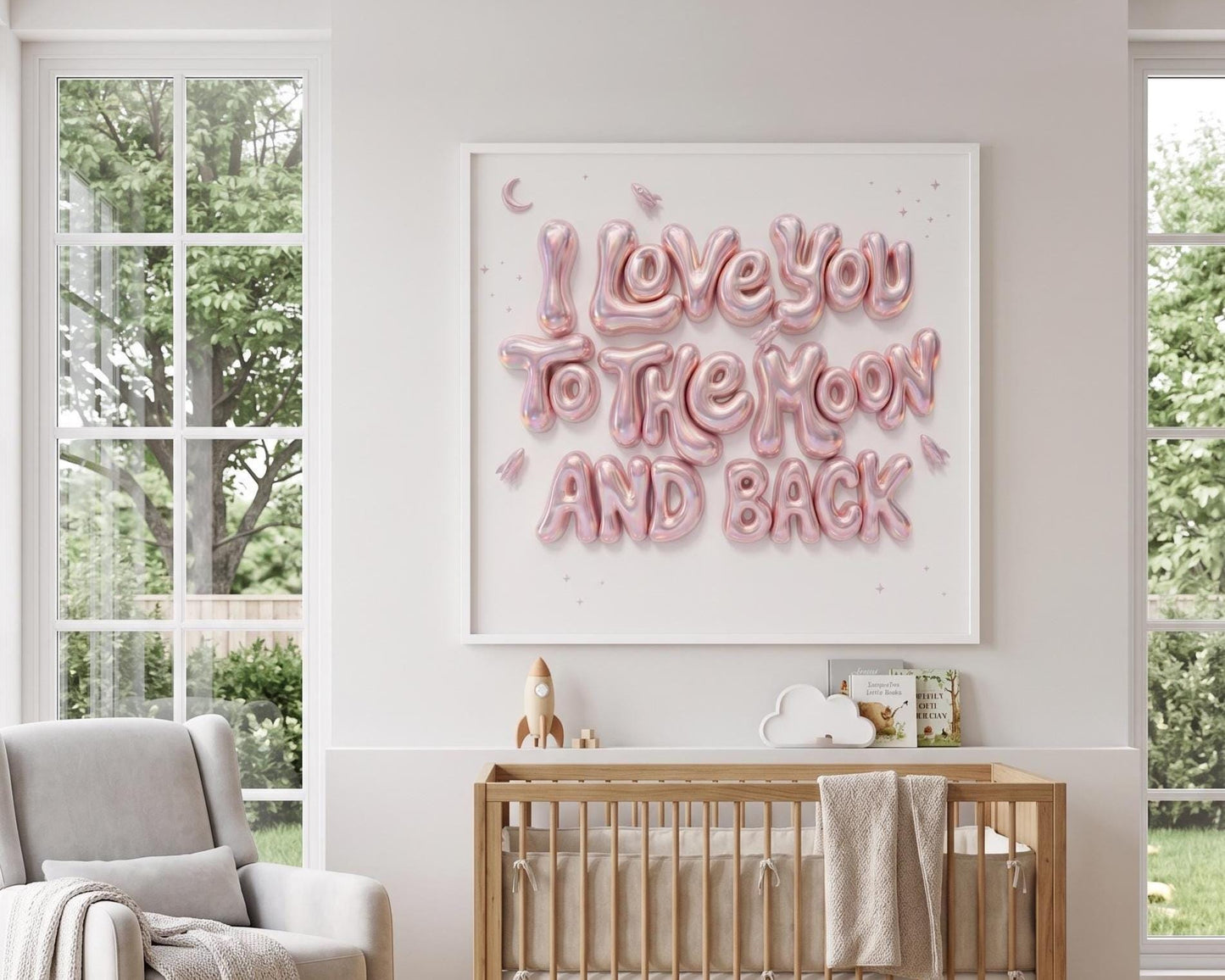 I Love You To The Moon And Back Nursery Wall Art | Pink 3D Balloon Letter Print | Baby Girl Room Decor | Pink Space Theme Sweet Quote Art