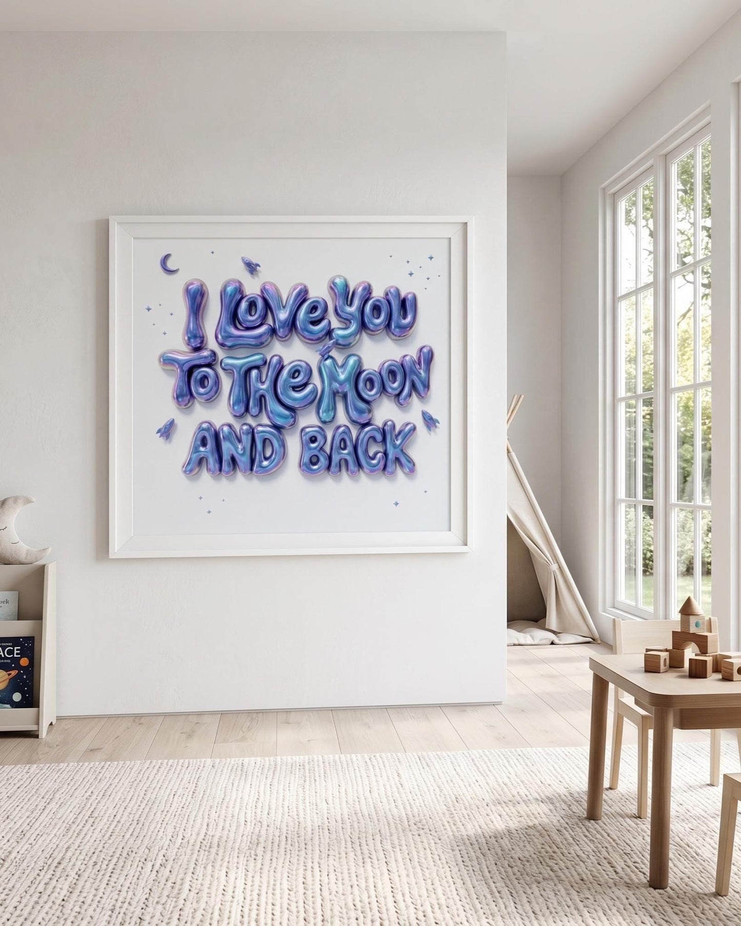 I Love You To The Moon And Back Nursery Wall Art | Pink 3D Balloon Letter Print | Baby Girl Room Decor | Pink Space Theme Sweet Quote Art