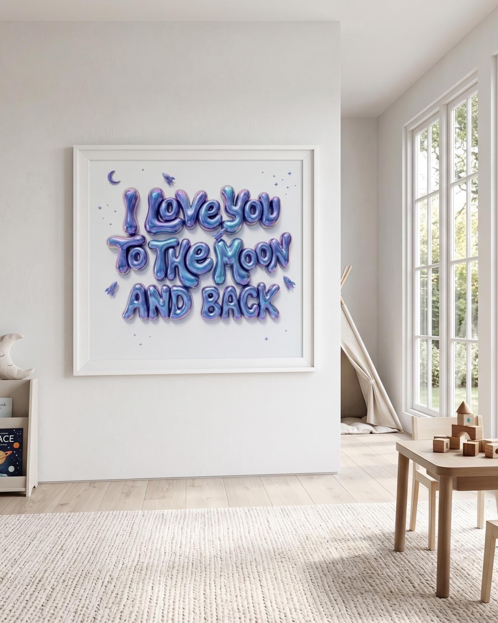 I Love You To The Moon And Back Nursery Wall Art | Pink 3D Balloon Letter Print | Baby Girl Room Decor | Pink Space Theme Sweet Quote Art