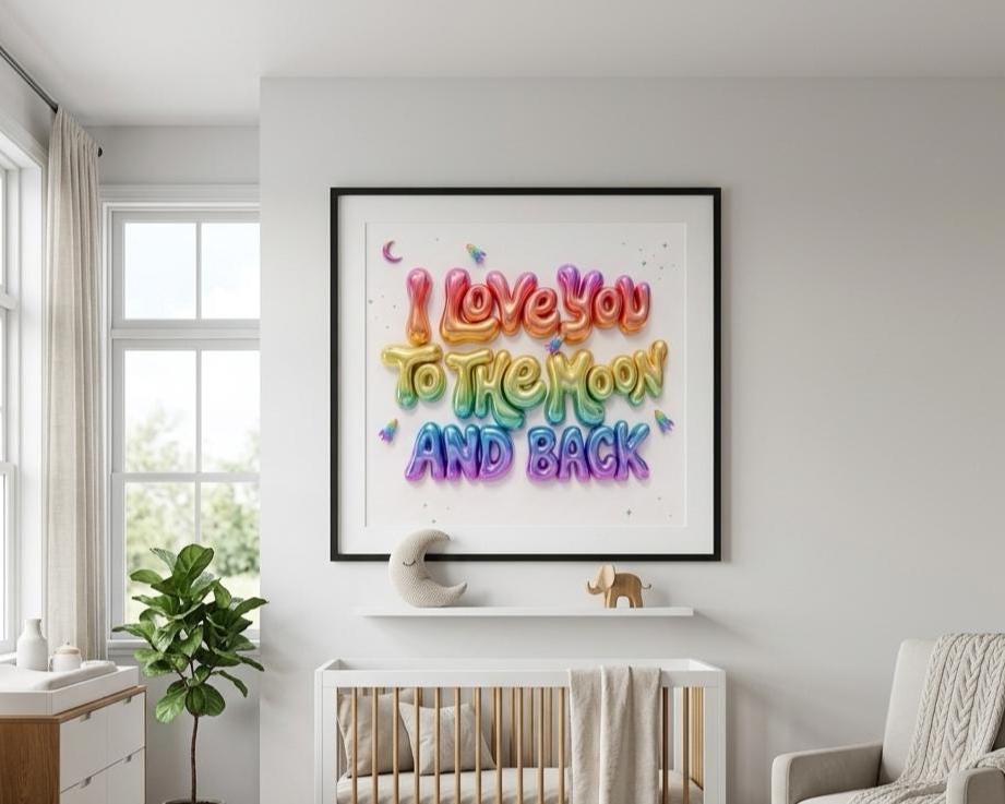 I Love You To The Moon And Back Nursery Wall Art | Pink 3D Balloon Letter Print | Baby Girl Room Decor | Pink Space Theme Sweet Quote Art