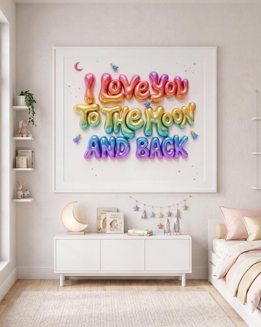I Love You To The Moon And Back Nursery Wall Art | Pink 3D Balloon Letter Print | Baby Girl Room Decor | Pink Space Theme Sweet Quote Art