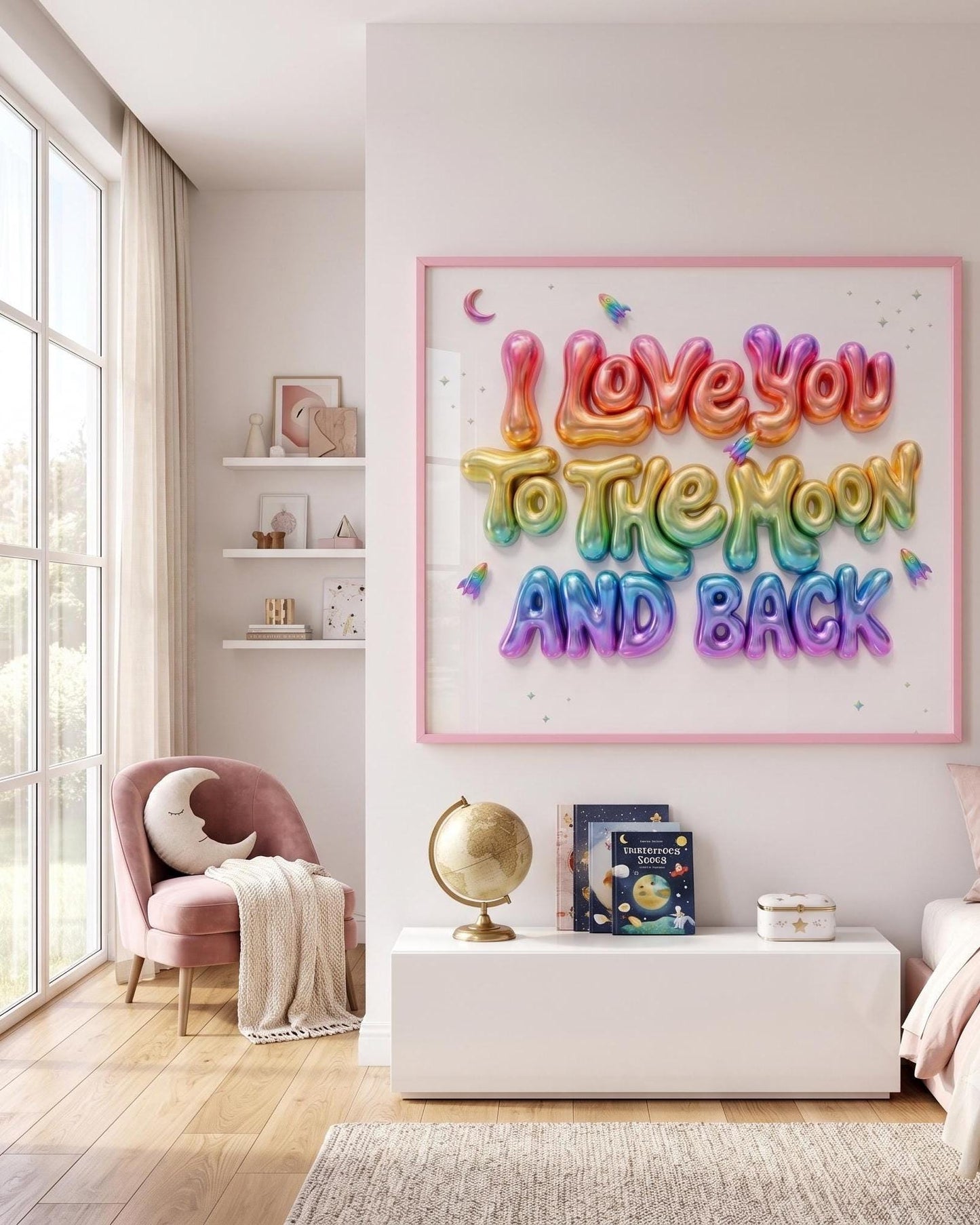 I Love You To The Moon And Back Nursery Wall Art | Pink 3D Balloon Letter Print | Baby Girl Room Decor | Pink Space Theme Sweet Quote Art