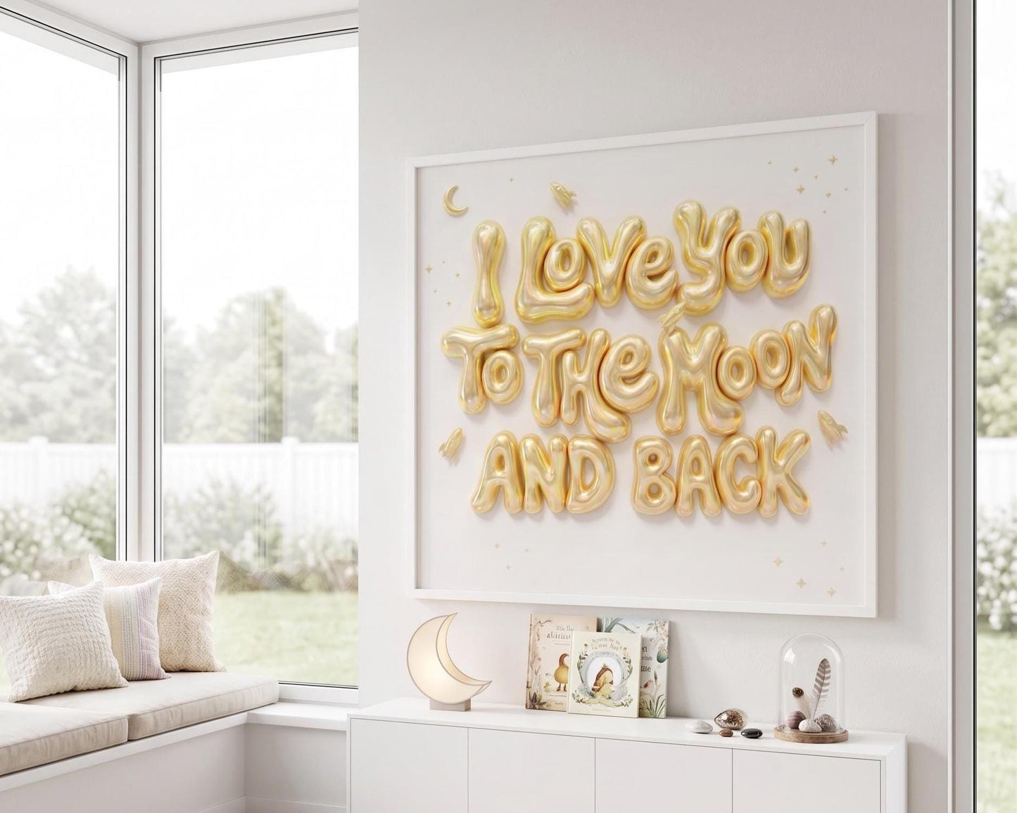 I Love You To The Moon And Back Nursery Wall Art | Pink 3D Balloon Letter Print | Baby Girl Room Decor | Pink Space Theme Sweet Quote Art