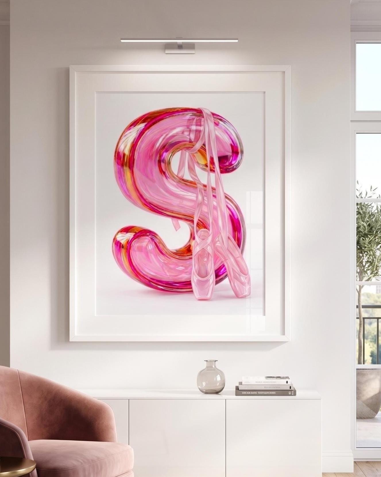 Pink Ballet Letter S Wall Art | Ballerina Nursery Decor | Girls Bedroom Monogram Print | Pointe Shoe Bathroom Poster | Baby Girl Initial