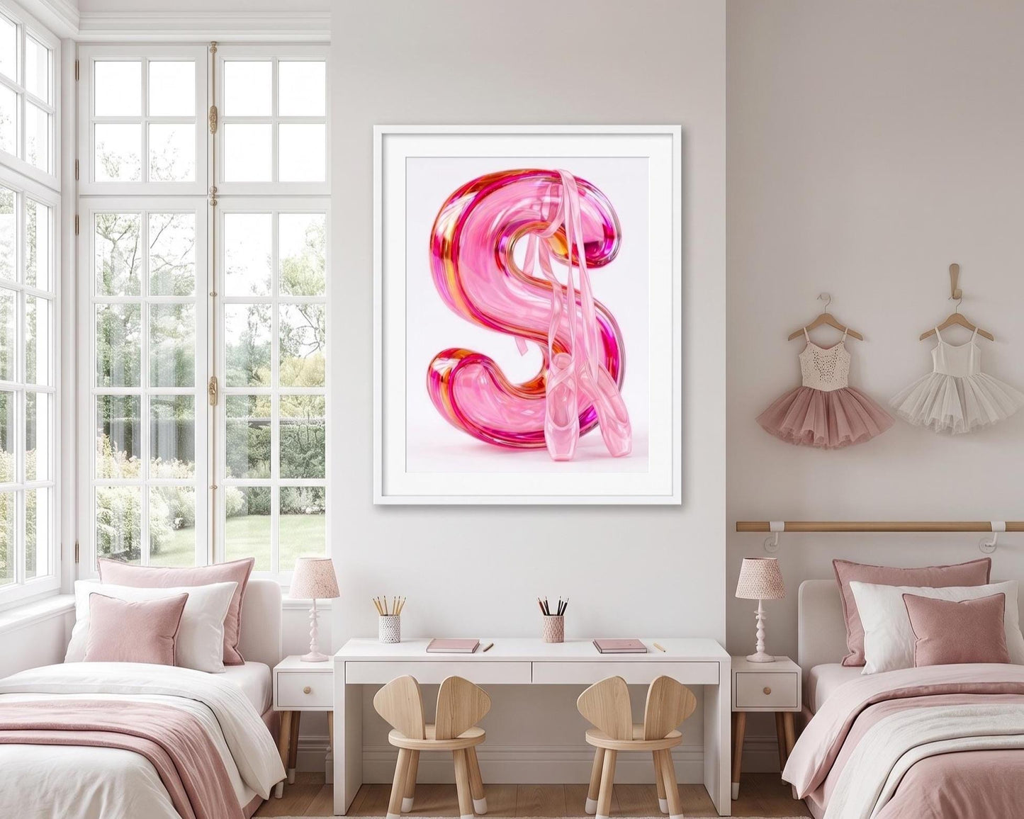 Pink Ballet Letter S Wall Art | Ballerina Nursery Decor | Girls Bedroom Monogram Print | Pointe Shoe Bathroom Poster | Baby Girl Initial