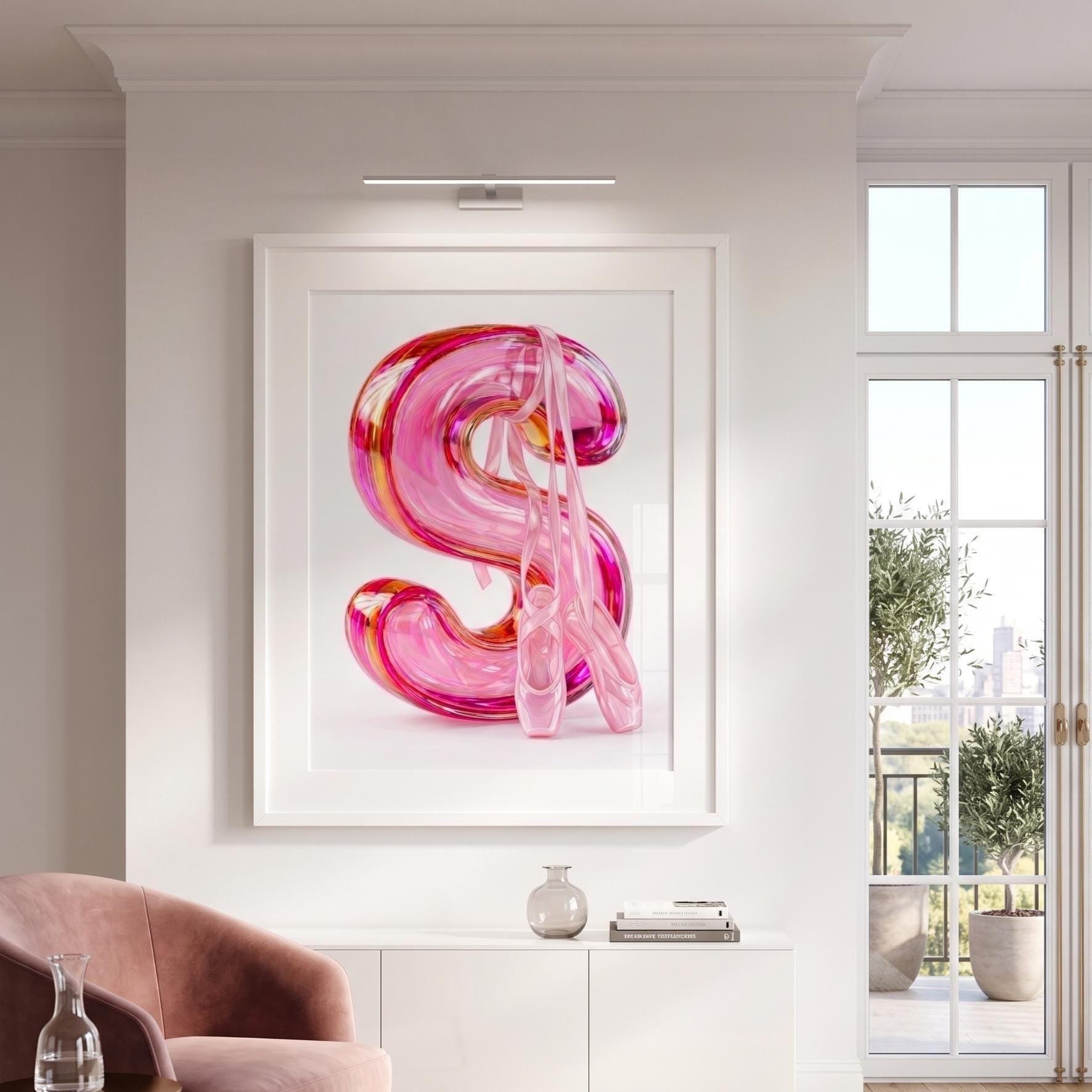 Pink Ballet Letter S Wall Art | Ballerina Nursery Decor | Girls Bedroom Monogram Print | Pointe Shoe Bathroom Poster | Baby Girl Initial