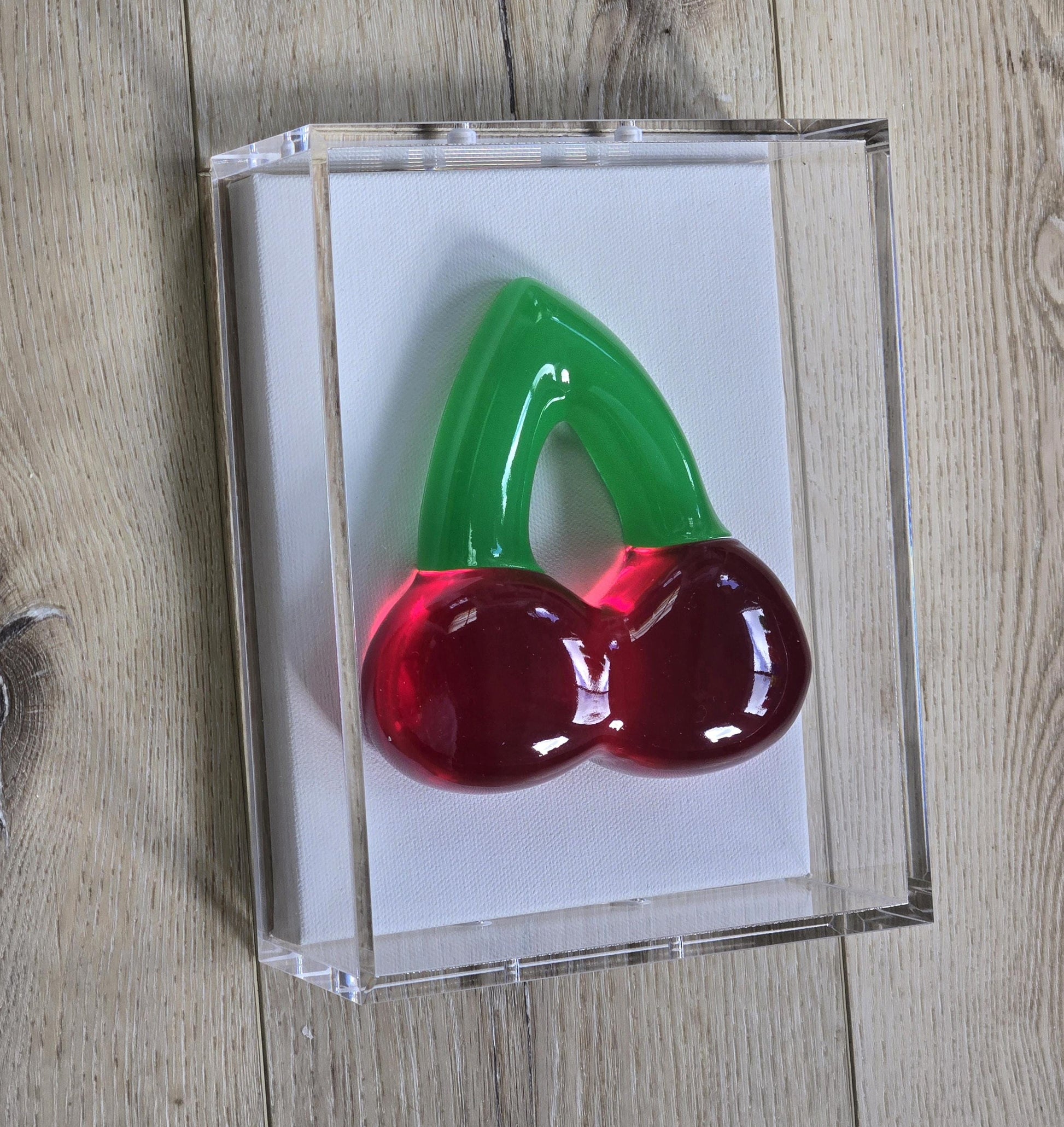 3D Cherry Gummy Wall Art | Resin Candy Sculpture in Acrylic Shadow Box (Nostalgic Decor)
