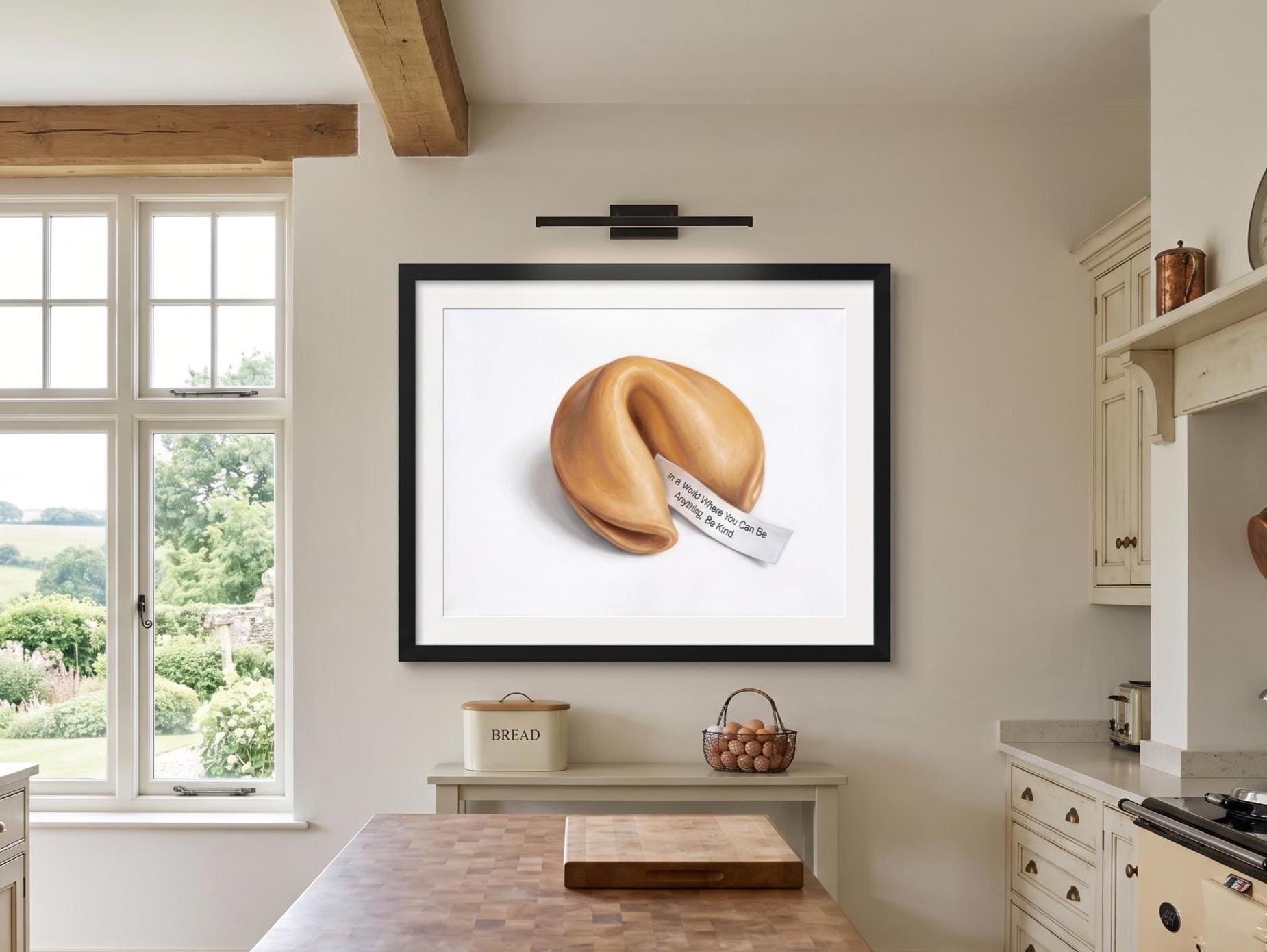 Fortune Cookie Art Print - "Be Kind" Inspirational Quote - Minimalist Kitchen Wall Decor - Food Painting (Unframed)