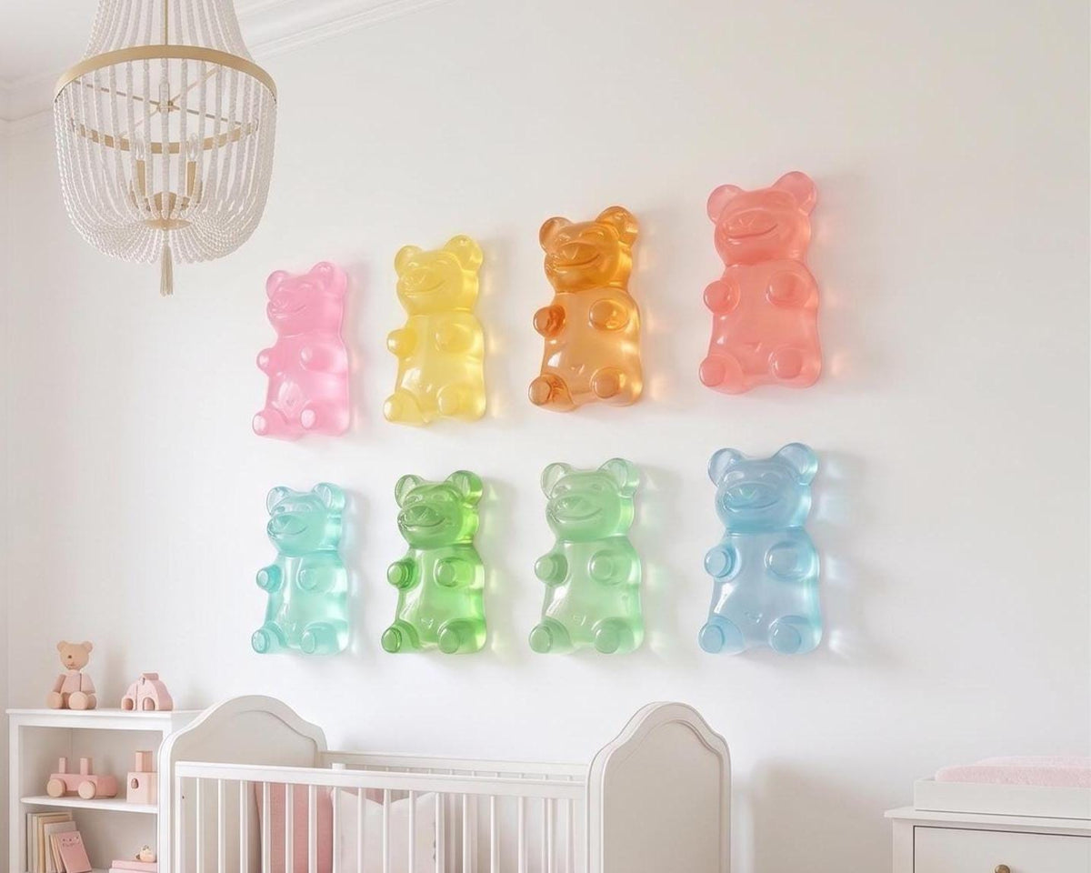 Nursery Wall Art, Modern Baby Girl Nursery Decor, 3D Transparent Gummy Bear Sculpture, Pastel Rainbow Ombre Room Decor, Whimsical Resin Art